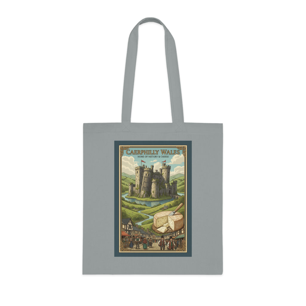 Vintage Castle & Cheese Market Cotton Tote — 'Caerphilly Wales' Retro Travel Poster Tote