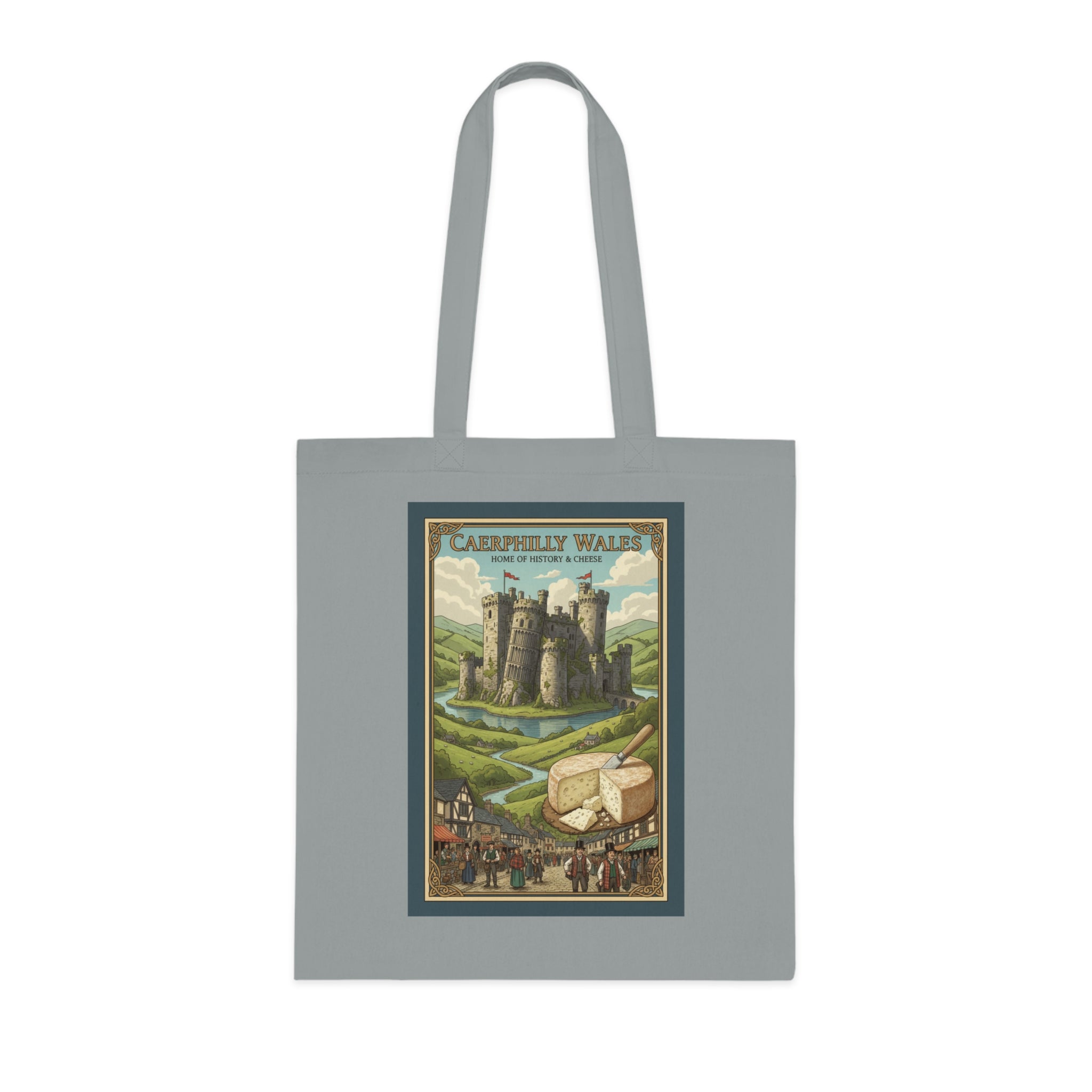 Vintage Castle & Cheese Market Cotton Tote — 'Caerphilly Wales' Retro Travel Poster Tote