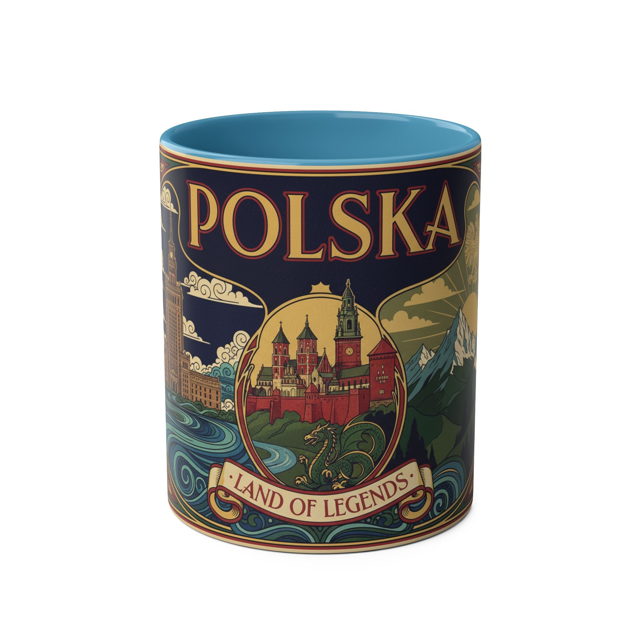 Polska 'Land of Legends' Two-Tone Coffee Mug — 11oz Polish Travel Poster Design