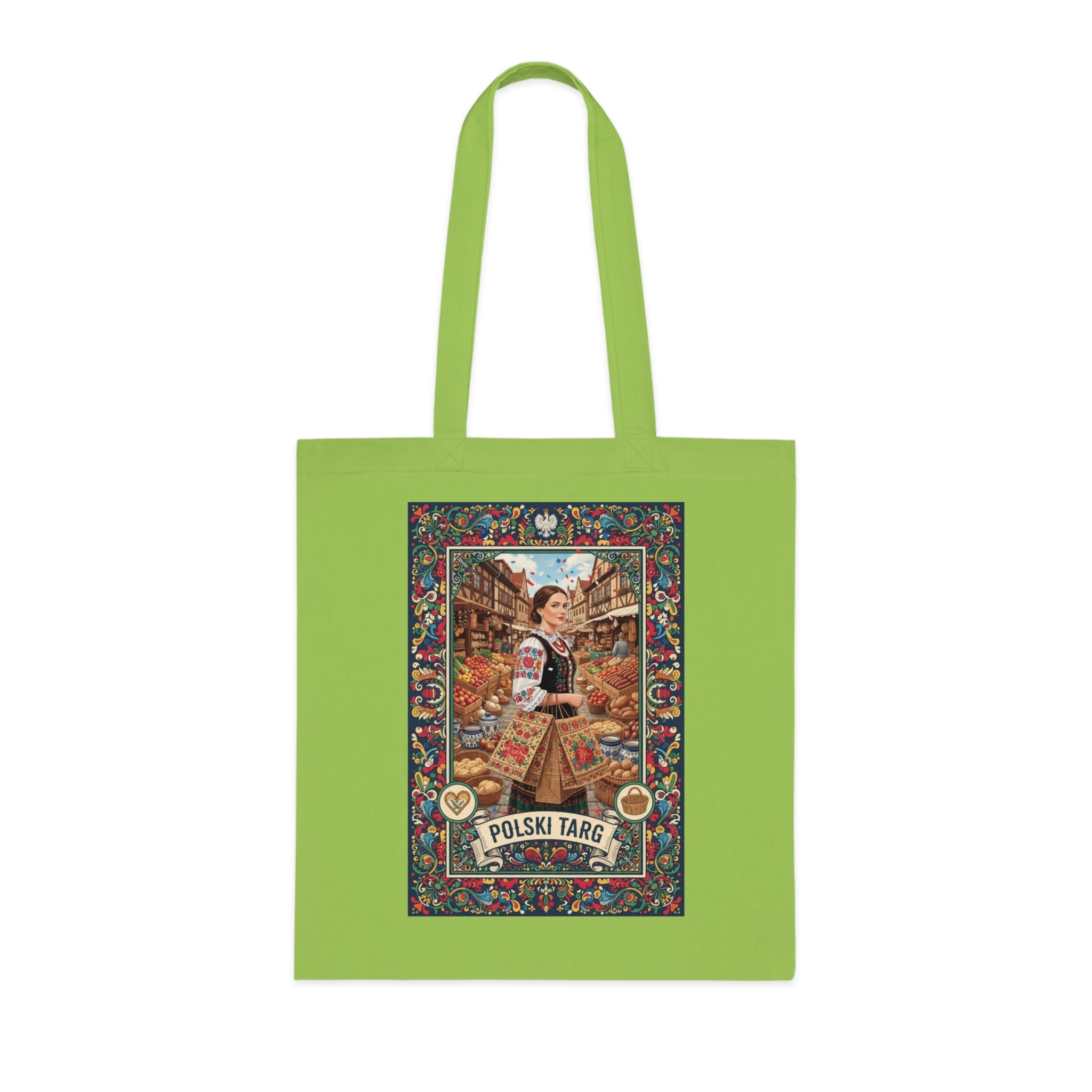 Polski Targ Cotton Tote — Vintage Polish Market Illustration Grocery Bag