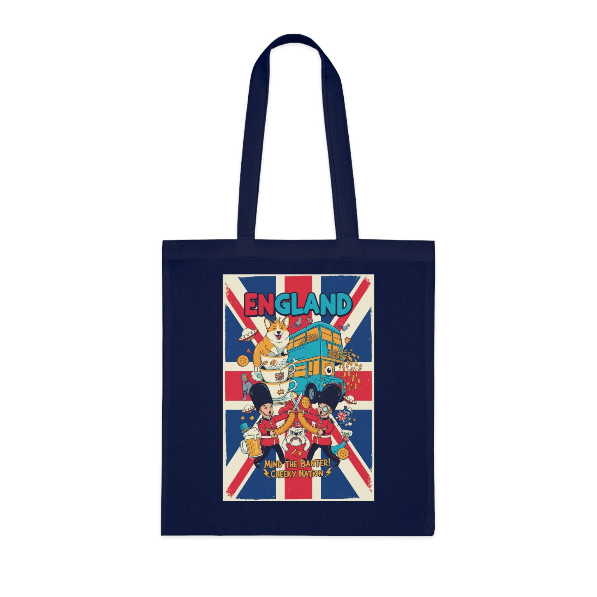 England Union Jack Cotton Tote Bag – Cute London Icons (Big Ben, Double Decker, Guards)