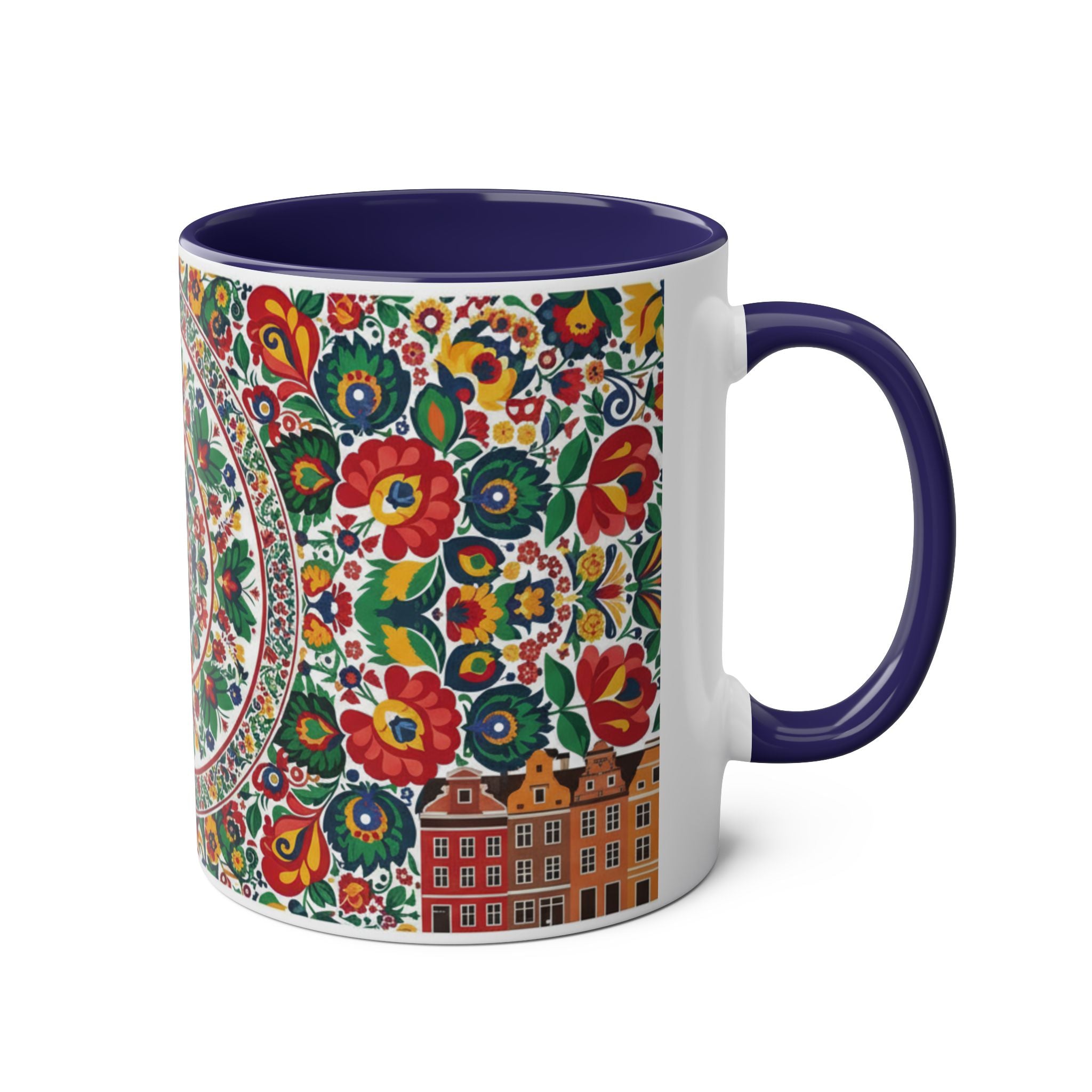 Floral Mandala Two-Tone Coffee Mug — Colorful Folk Art 11oz
