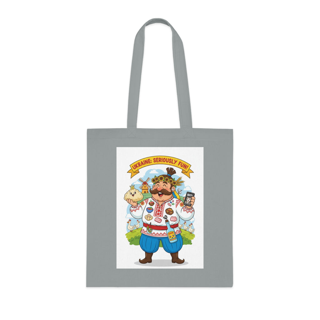 Ukrainian Pride Cotton Tote — "Ukraine Seriously? Fun!" Folk Character Market Bag