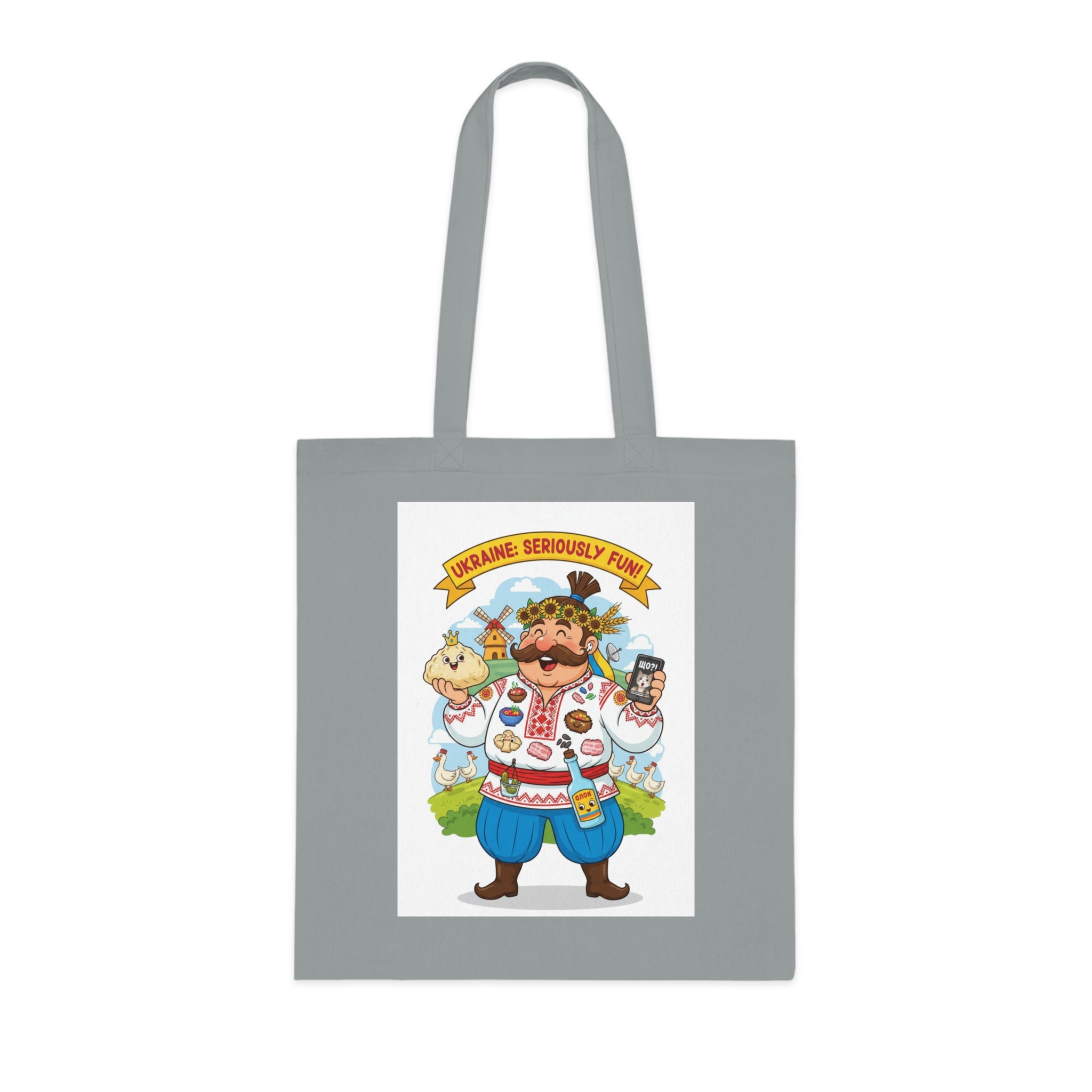 Ukrainian Pride Cotton Tote — "Ukraine Seriously? Fun!" Folk Character Market Bag