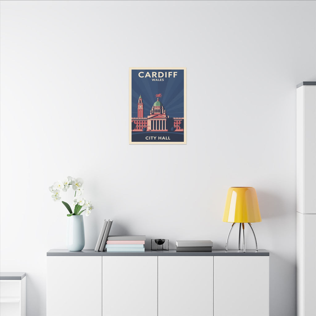 Cardiff City Hall Matte Canvas Wall Art — Vintage Wales Travel Poster