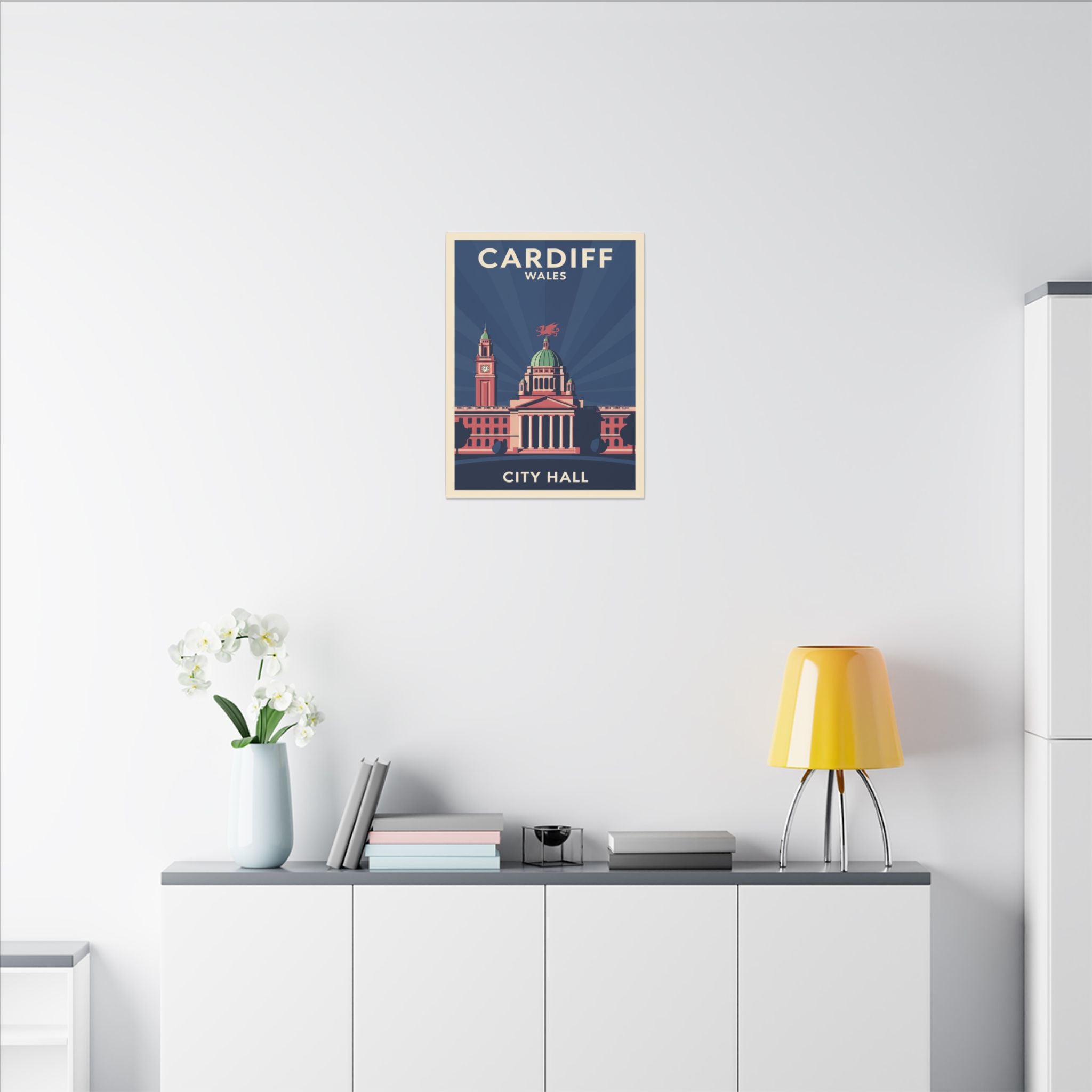 Cardiff City Hall Matte Canvas Wall Art — Vintage Wales Travel Poster