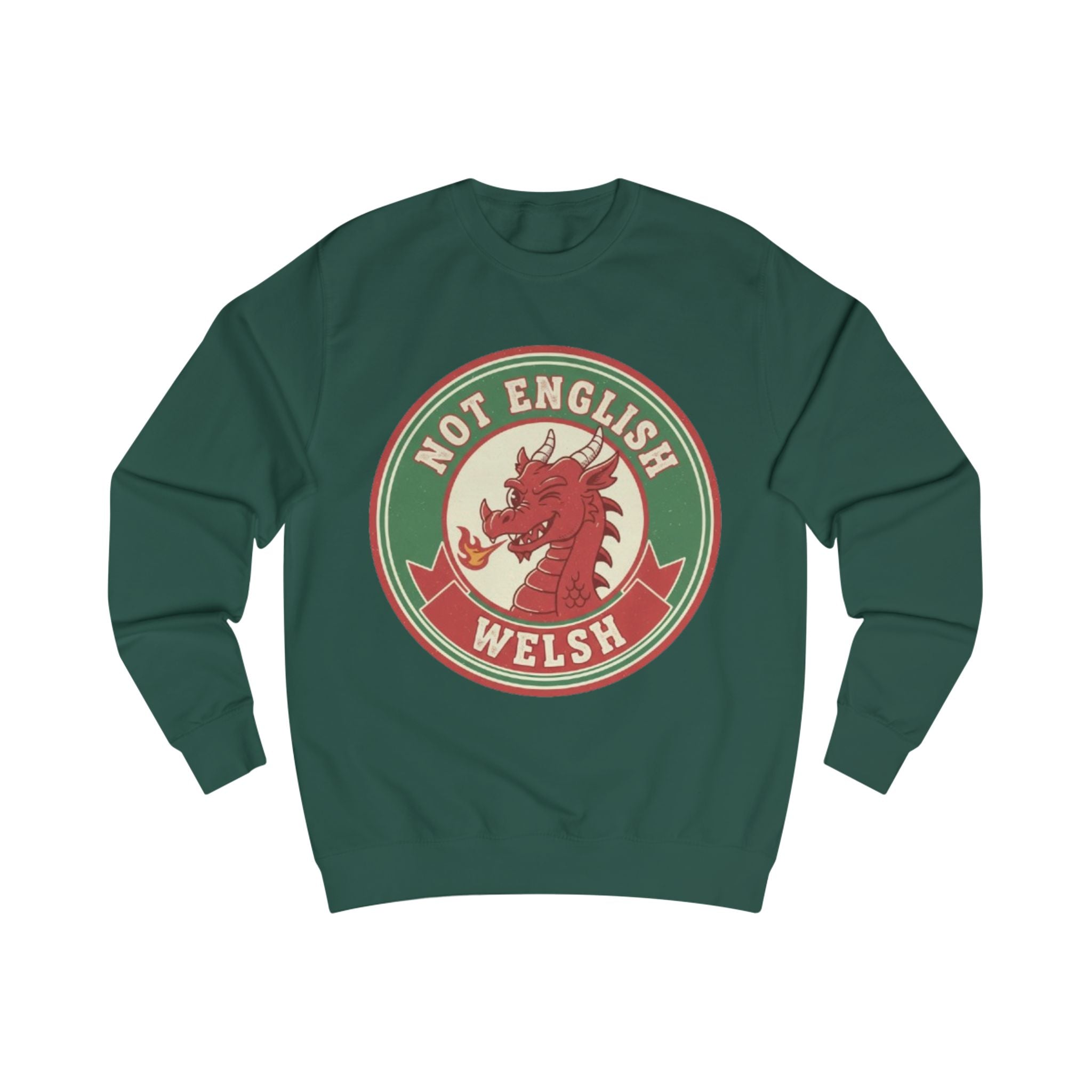 Welsh Dragon Sweatshirt - "Not English, Welsh" Retro Badge