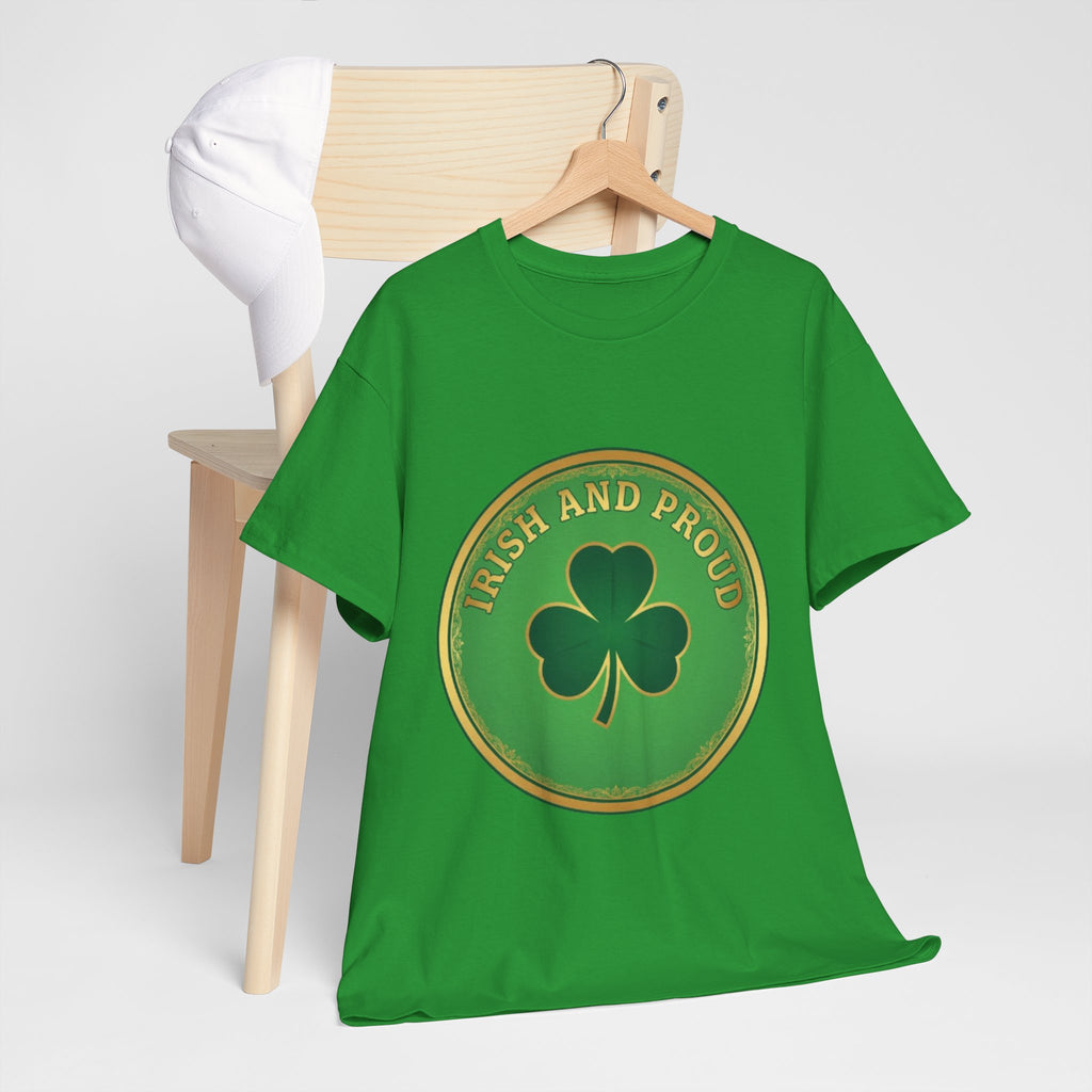Irish and Proud T-Shirt — Green Shamrock Emblem Tee for St. Patrick's Day