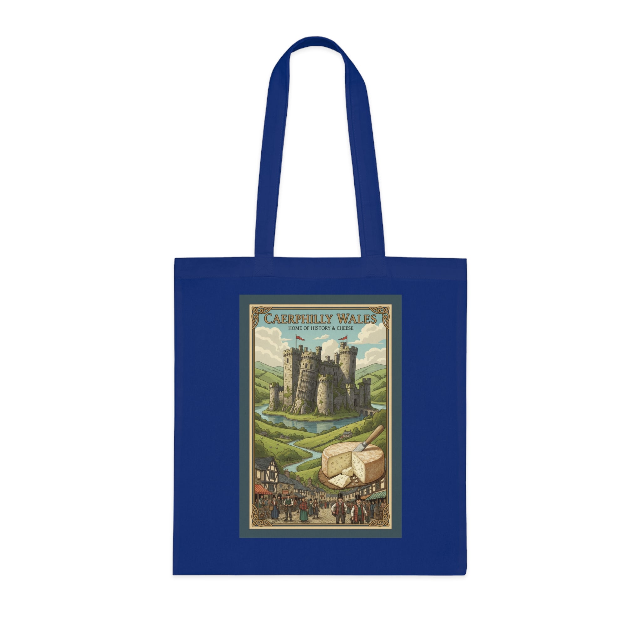 Vintage Castle & Cheese Market Cotton Tote — 'Caerphilly Wales' Retro Travel Poster Tote