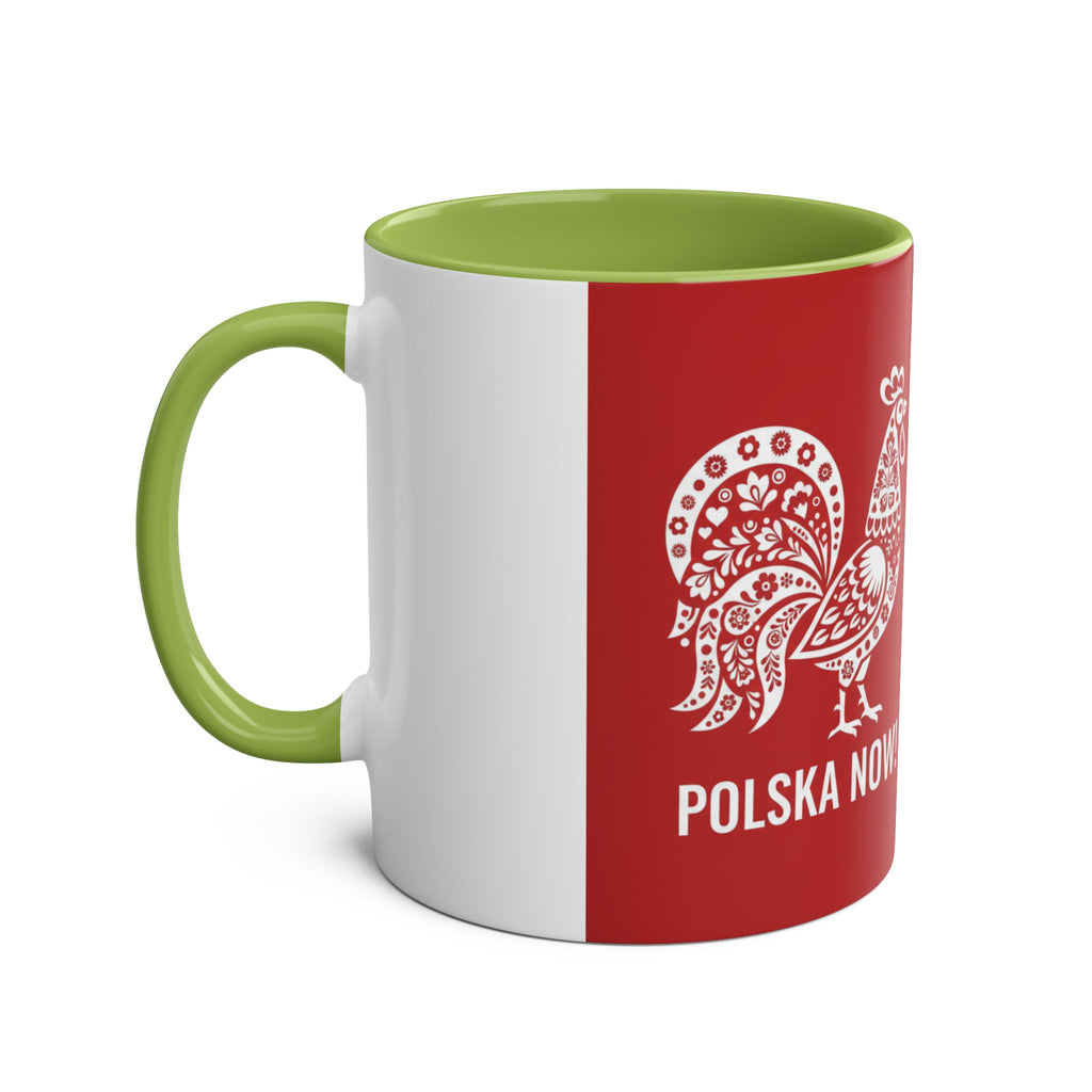Polish Folk Rooster Coffee Mug — 'Polska Now!' Two-Tone 11oz Ceramic