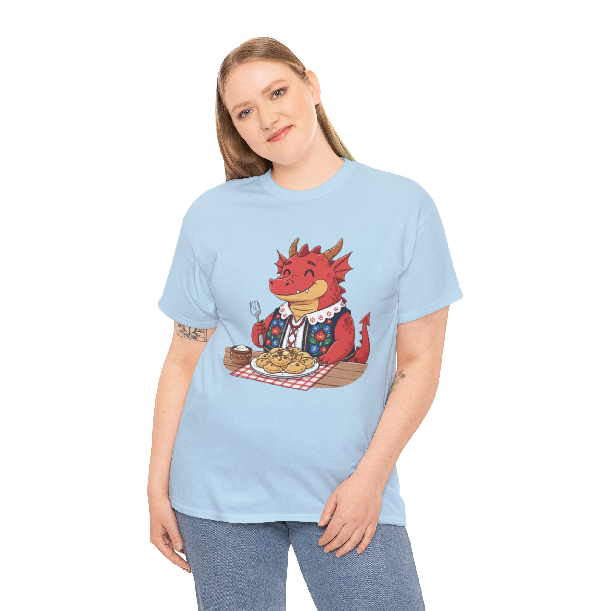 Dragon Eating Pierogi T-Shirt — "Mój nowy smok. Też lubi pierogi." Cute Polish Food Tee