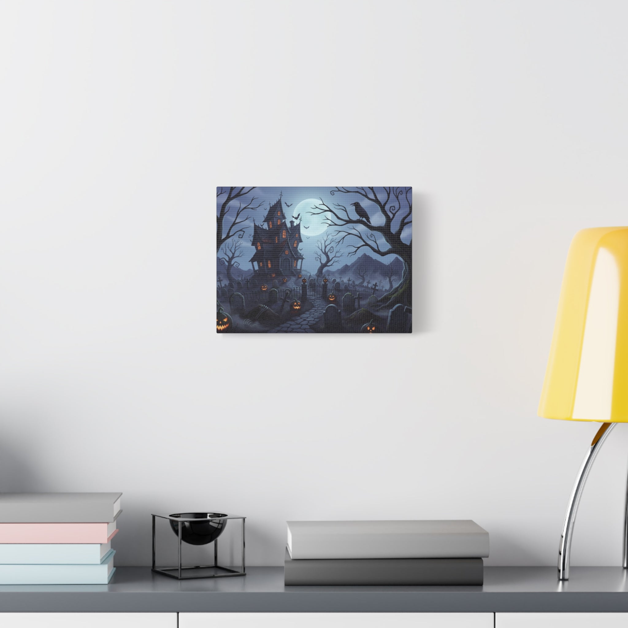Spooky Haunted House Halloween Canvas Art - Moonlit Graveyard Wall Decor