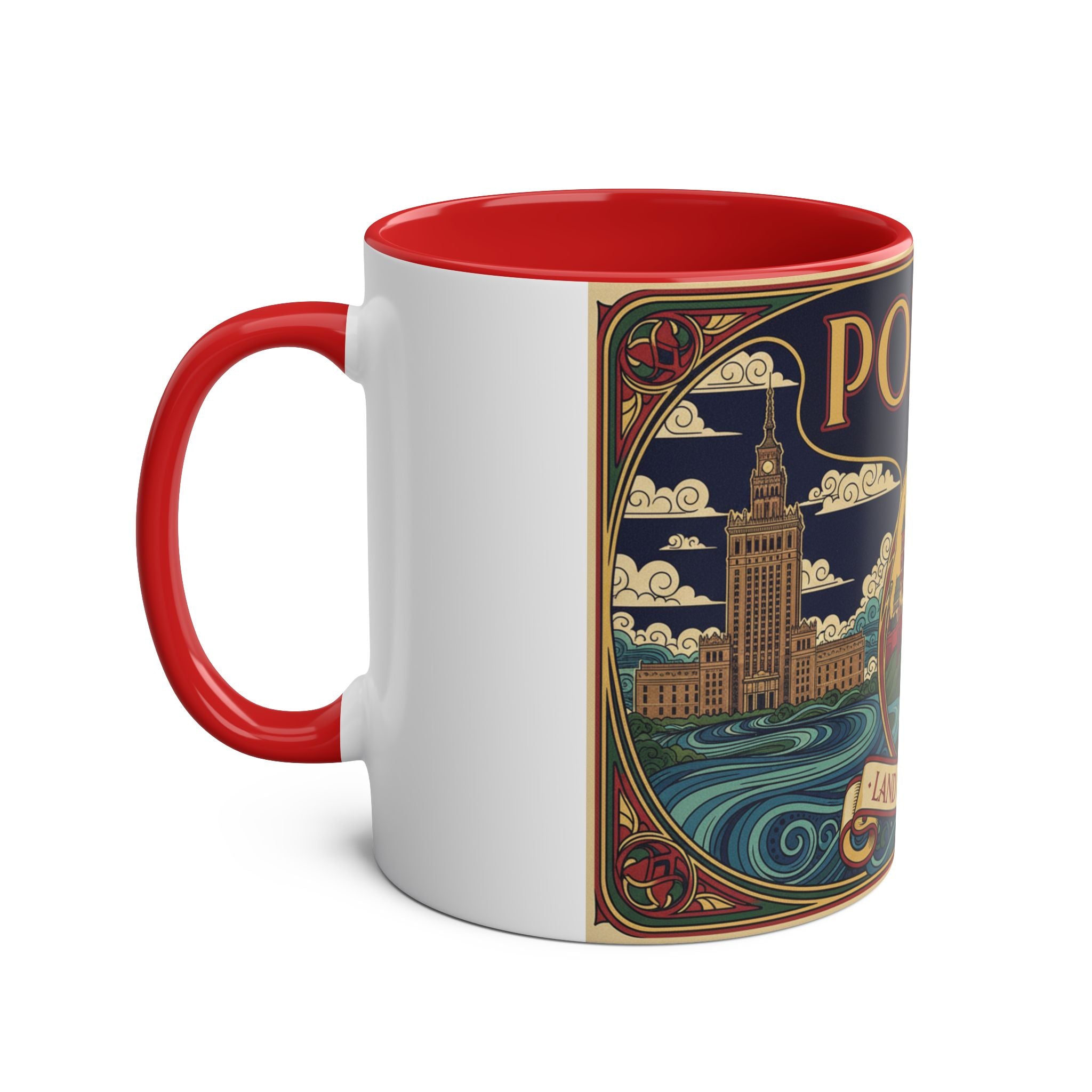 Polska 'Land of Legends' Two-Tone Coffee Mug — 11oz Polish Travel Poster Design