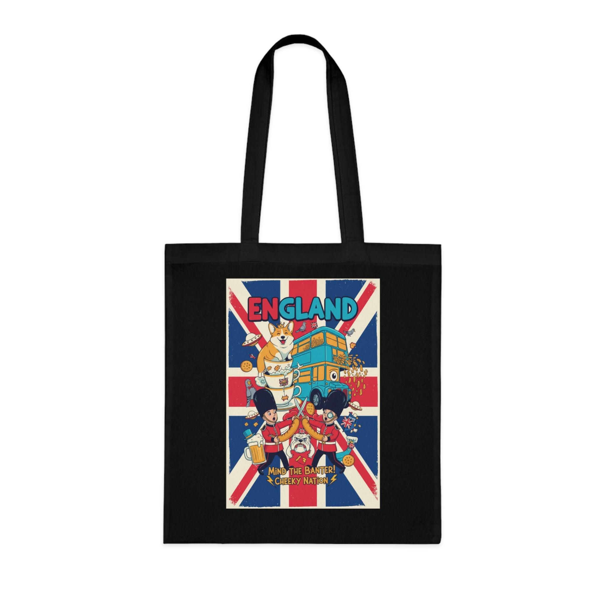 England Union Jack Cotton Tote Bag – Cute London Icons (Big Ben, Double Decker, Guards)