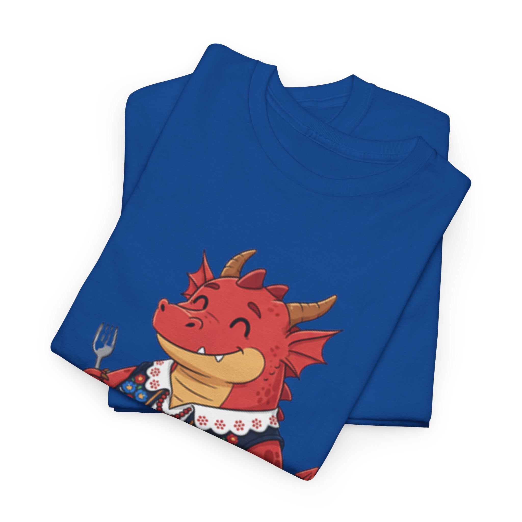 Dragon Eating Pierogi T-Shirt — "Mój nowy smok. Też lubi pierogi." Cute Polish Food Tee