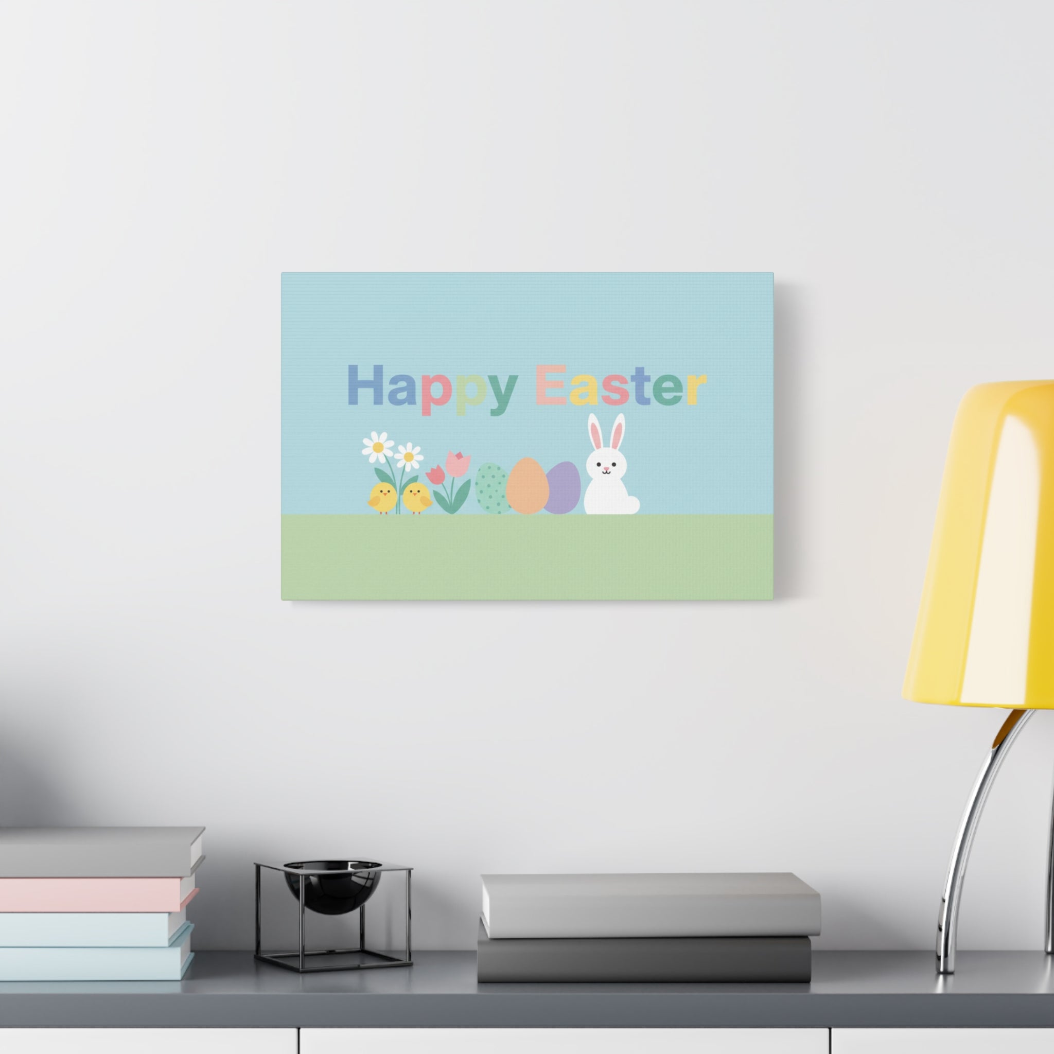 Happy Easter Canvas Wall Art — Pastel Bunny, Chicks & Eggs Matte Stretched Canvas