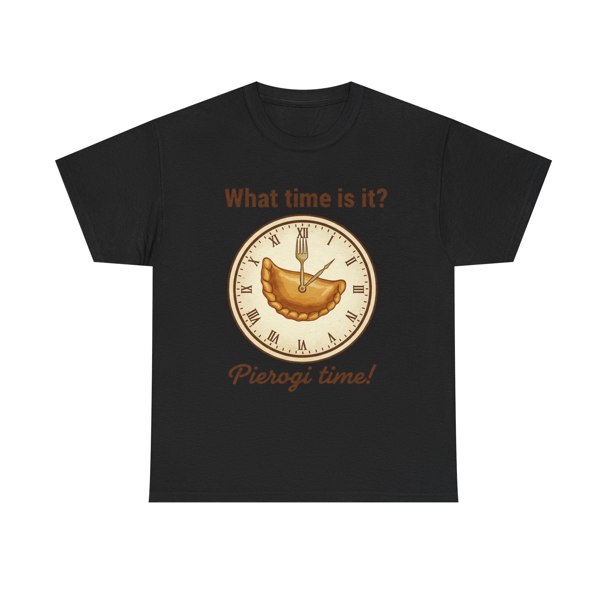 Pierogi Time T‑Shirt — "What time is it? Pierogi time!" Vintage Clock Food Tee