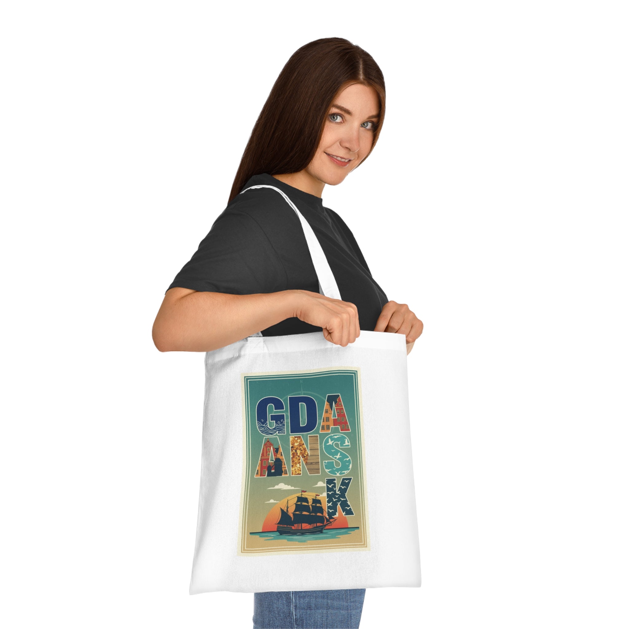 Gdańsk Vintage Travel Tote Bag – Retro Ship & Sunset Cotton Shopper