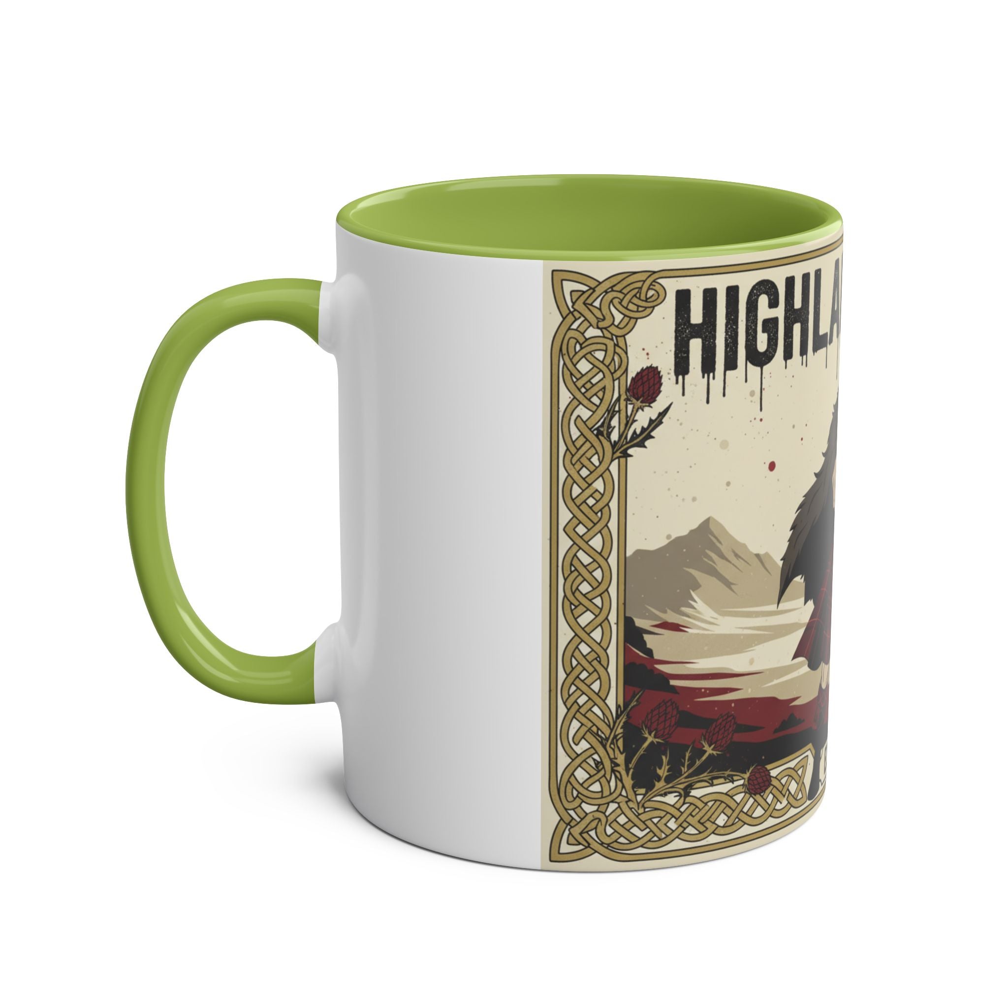 Highland Spirit Coffee Mug — Vintage Scottish Highlander 11oz Two-Tone Ceramic