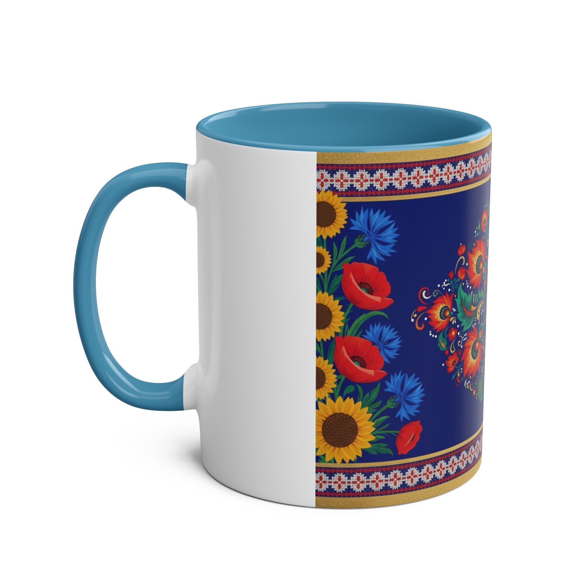 Ukrainian Floral Coffee Mug — Two-Tone 11oz with Tryzub & Folk Motif