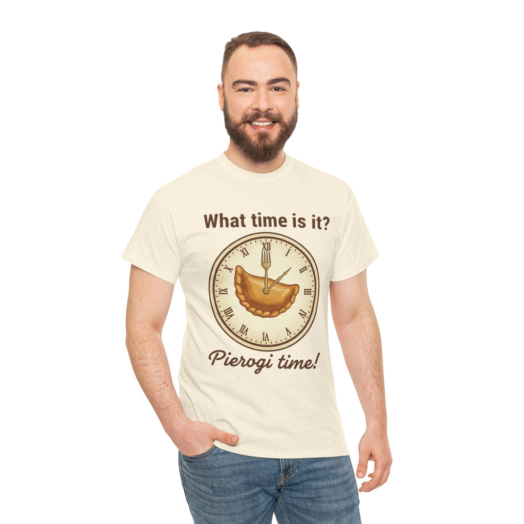 Pierogi Time T‑Shirt — "What time is it? Pierogi time!" Vintage Clock Food Tee