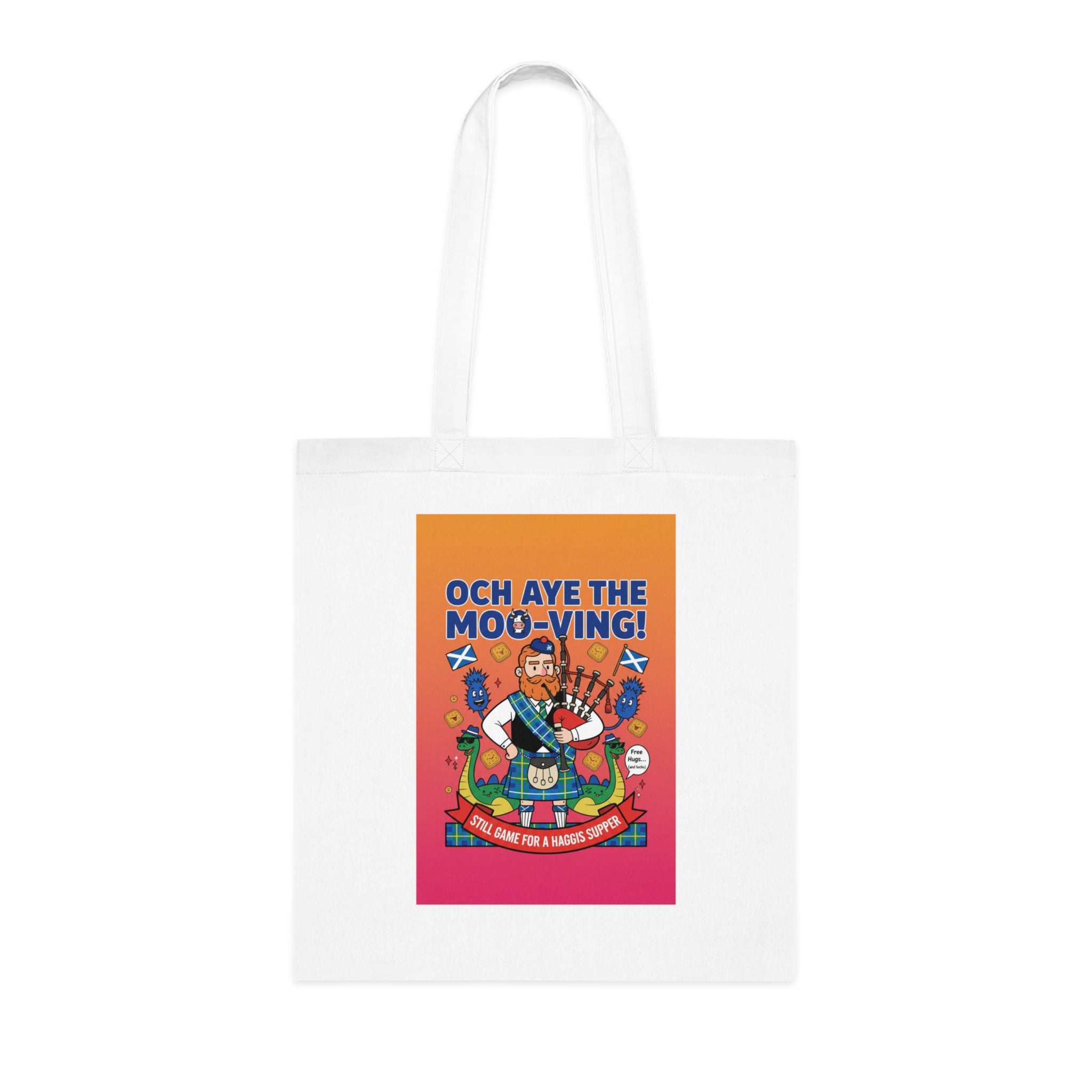 Scottish Cow Cartoon Cotton Tote — "Och Aye the Moo-ving!" Funny Celtic Grocery Bag