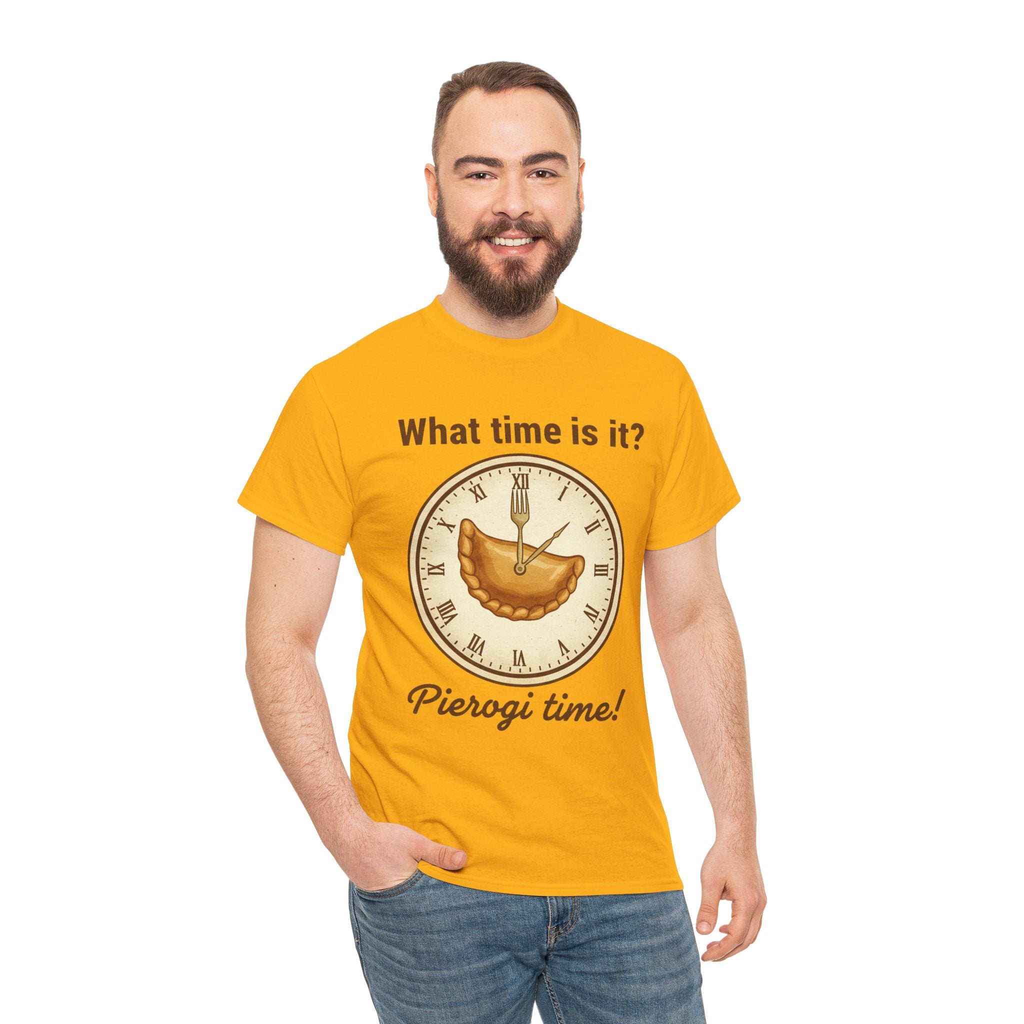 Pierogi Time T‑Shirt — "What time is it? Pierogi time!" Vintage Clock Food Tee