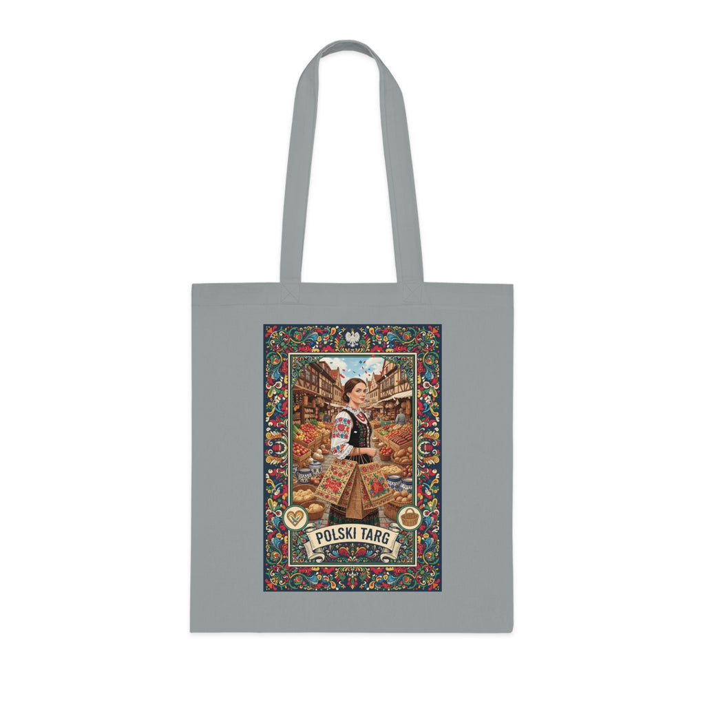 Polski Targ Cotton Tote — Vintage Polish Market Illustration Grocery Bag