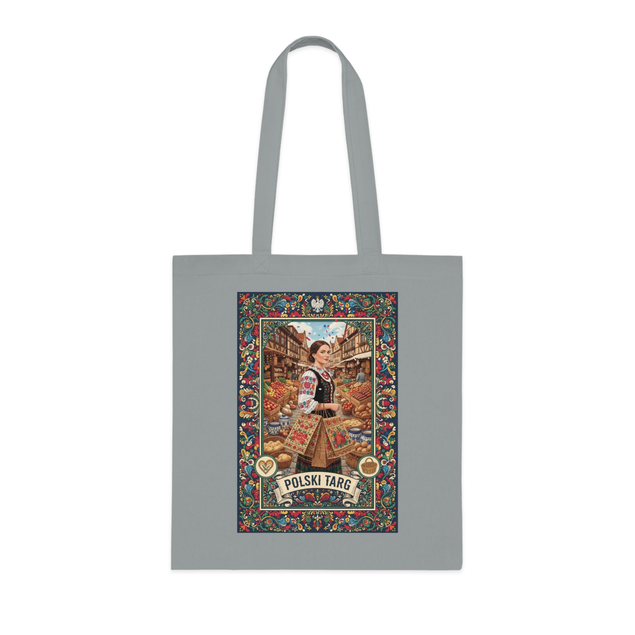 Polski Targ Cotton Tote — Vintage Polish Market Illustration Grocery Bag