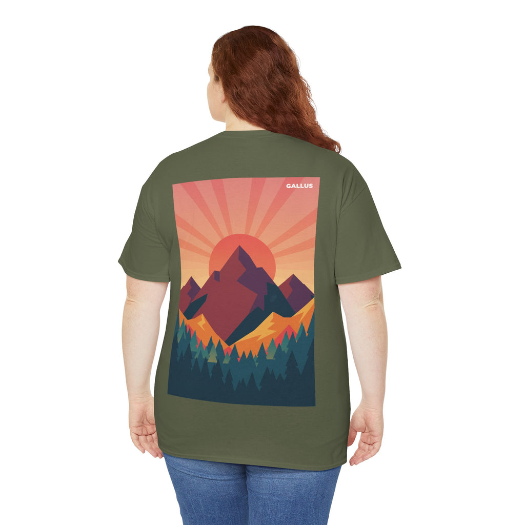 Mountain Sunset T-Shirt — Retro Nature Graphic Tee with 'GALLUS' Logo