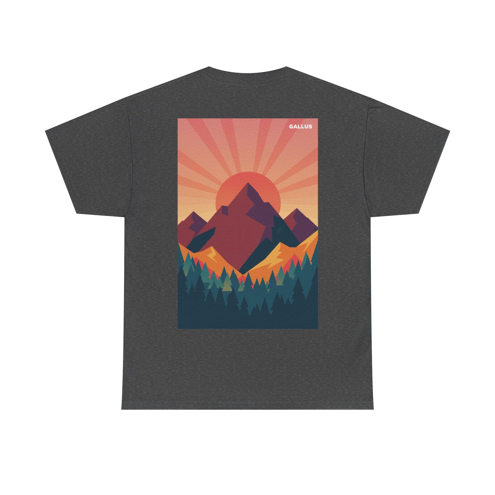 Mountain Sunset T-Shirt — Retro Nature Graphic Tee with 'GALLUS' Logo
