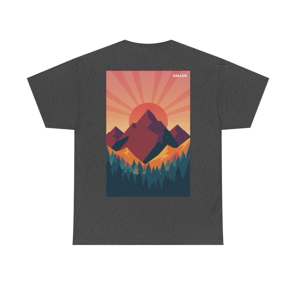 Mountain Sunset T-Shirt — Retro Nature Graphic Tee with 'GALLUS' Logo
