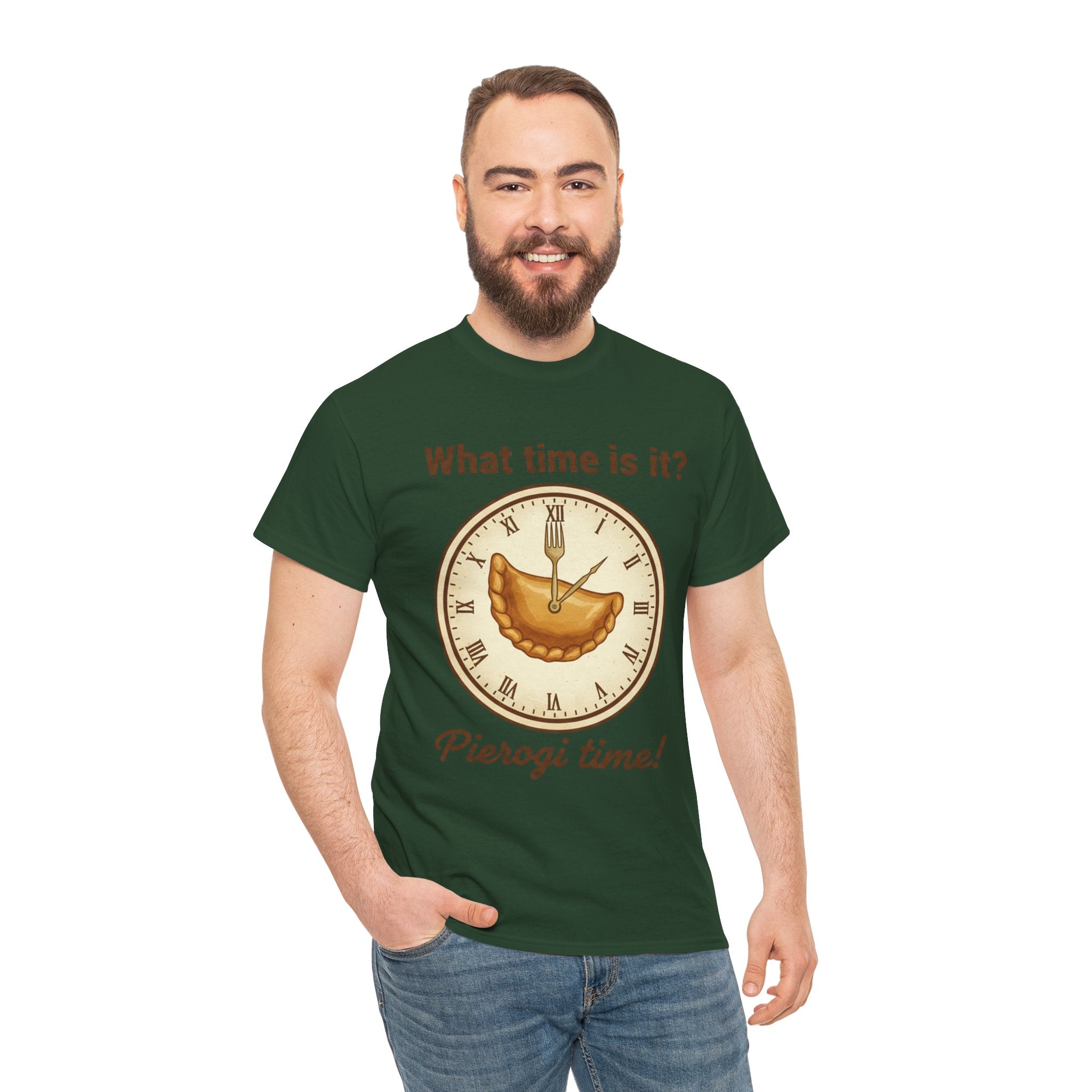 Pierogi Time T‑Shirt — "What time is it? Pierogi time!" Vintage Clock Food Tee