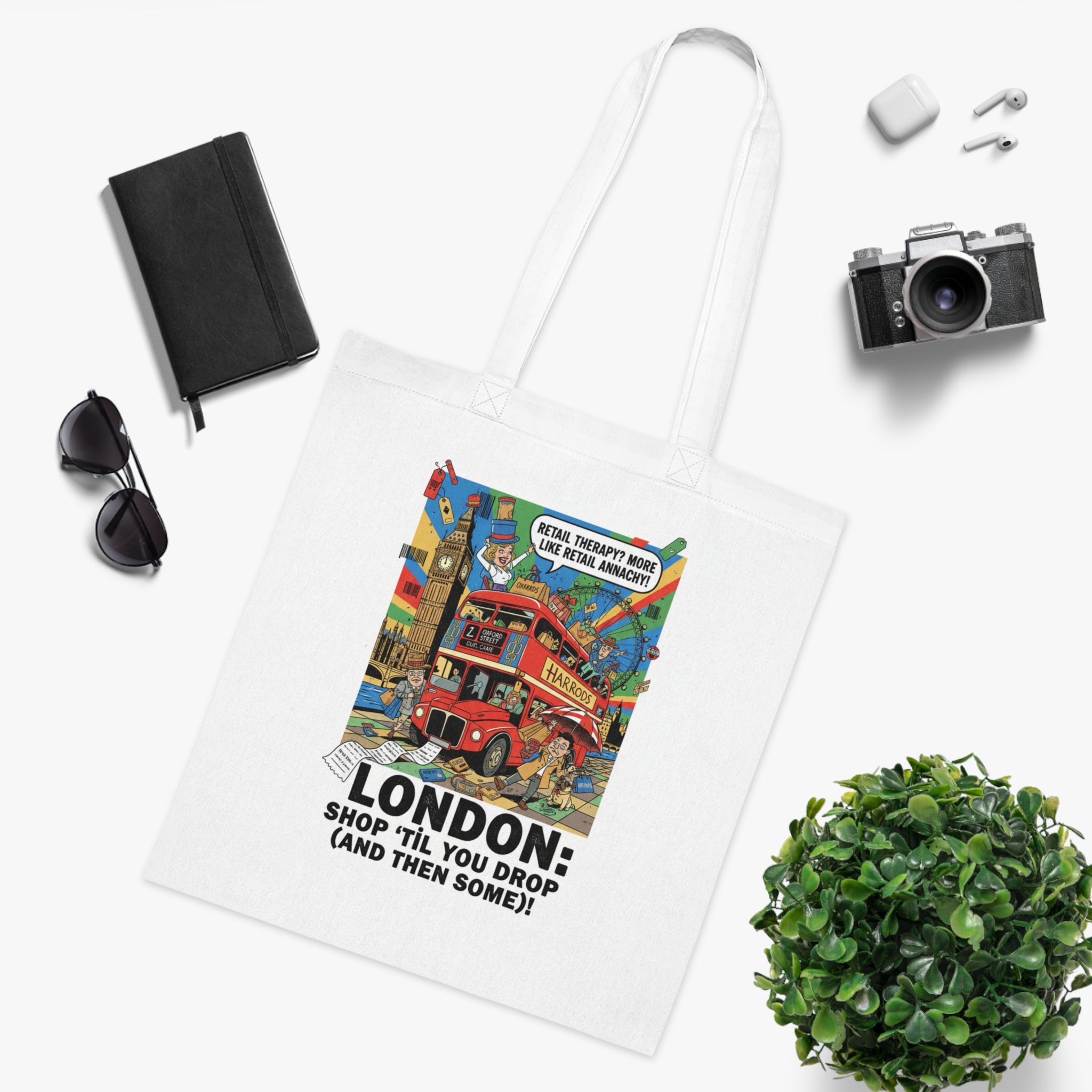 London Vintage Travel Tote Bag — "Shop 'Til You Drop (And Then Some)!" Cotton Shopper