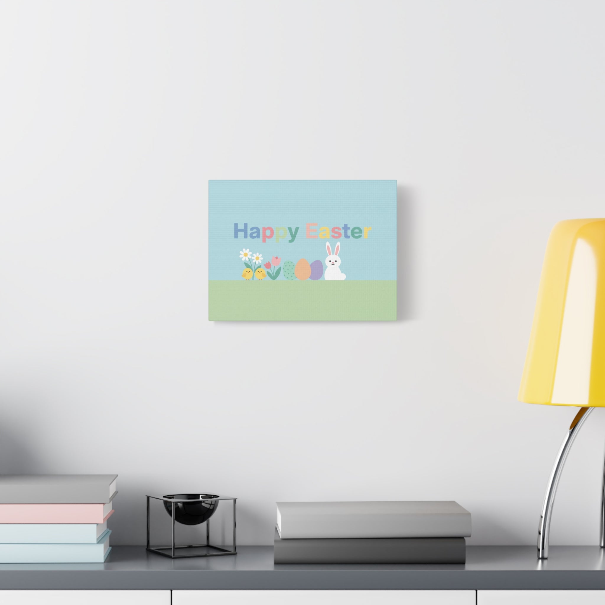 Happy Easter Canvas Wall Art — Pastel Bunny, Chicks & Eggs Matte Stretched Canvas