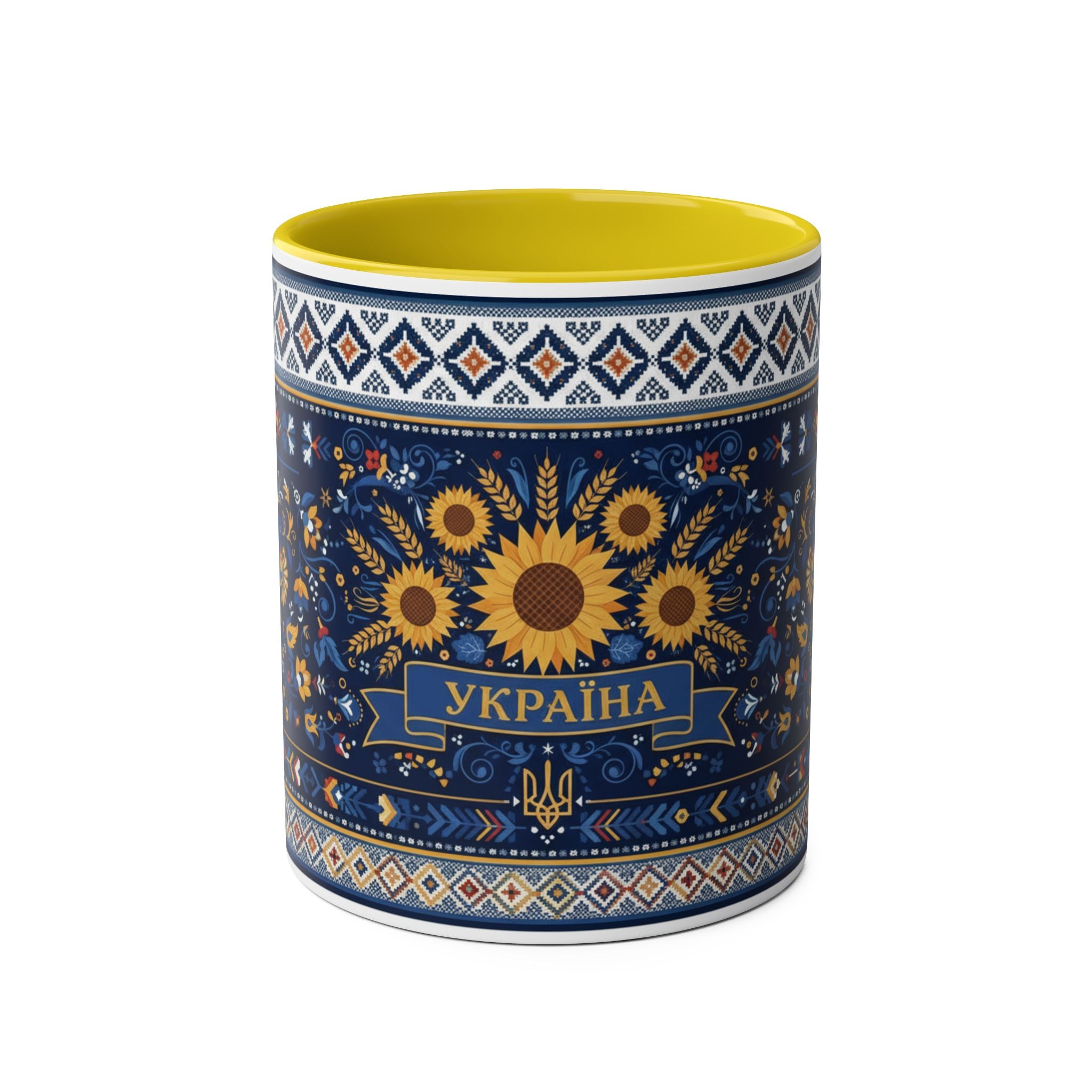 Ukraine Sunflowers Ceramic Mug — Two-Tone 11oz Coffee Cup with Ukrainian Folk Pattern