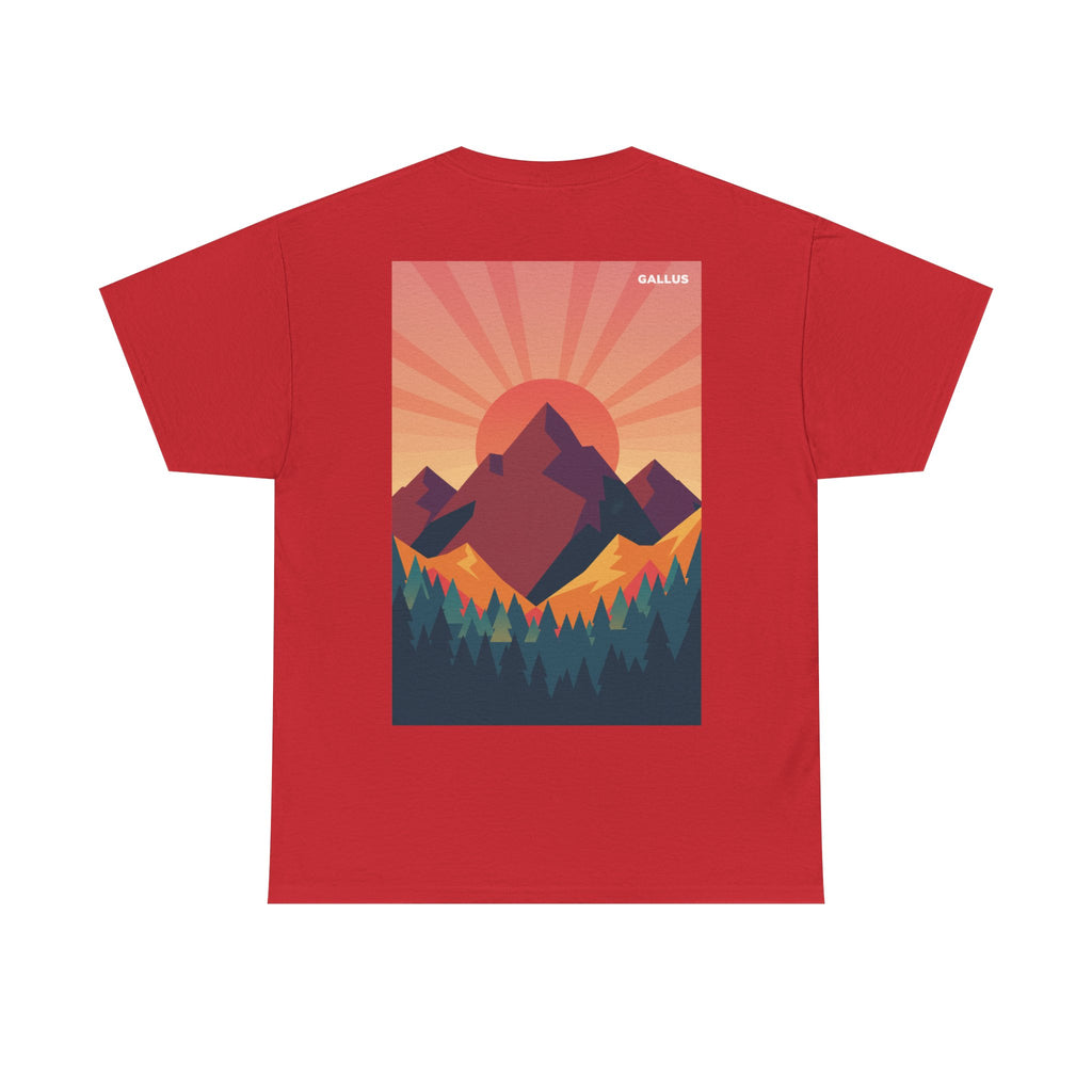 Mountain Sunset T-Shirt — Retro Nature Graphic Tee with 'GALLUS' Logo