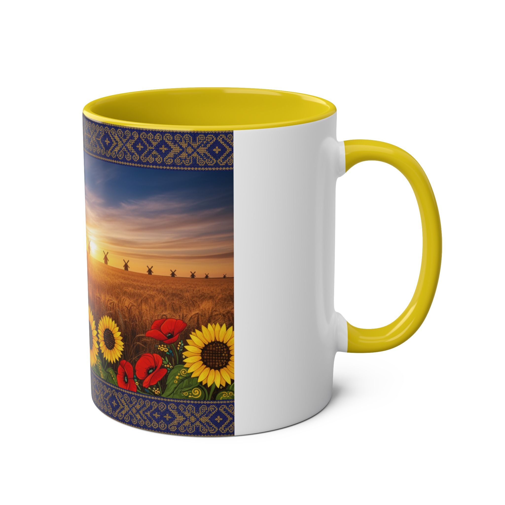 Sunflower Field Ceramic Mug — Two-Tone 11oz Coffee Cup with Sunrise & Windmills Design