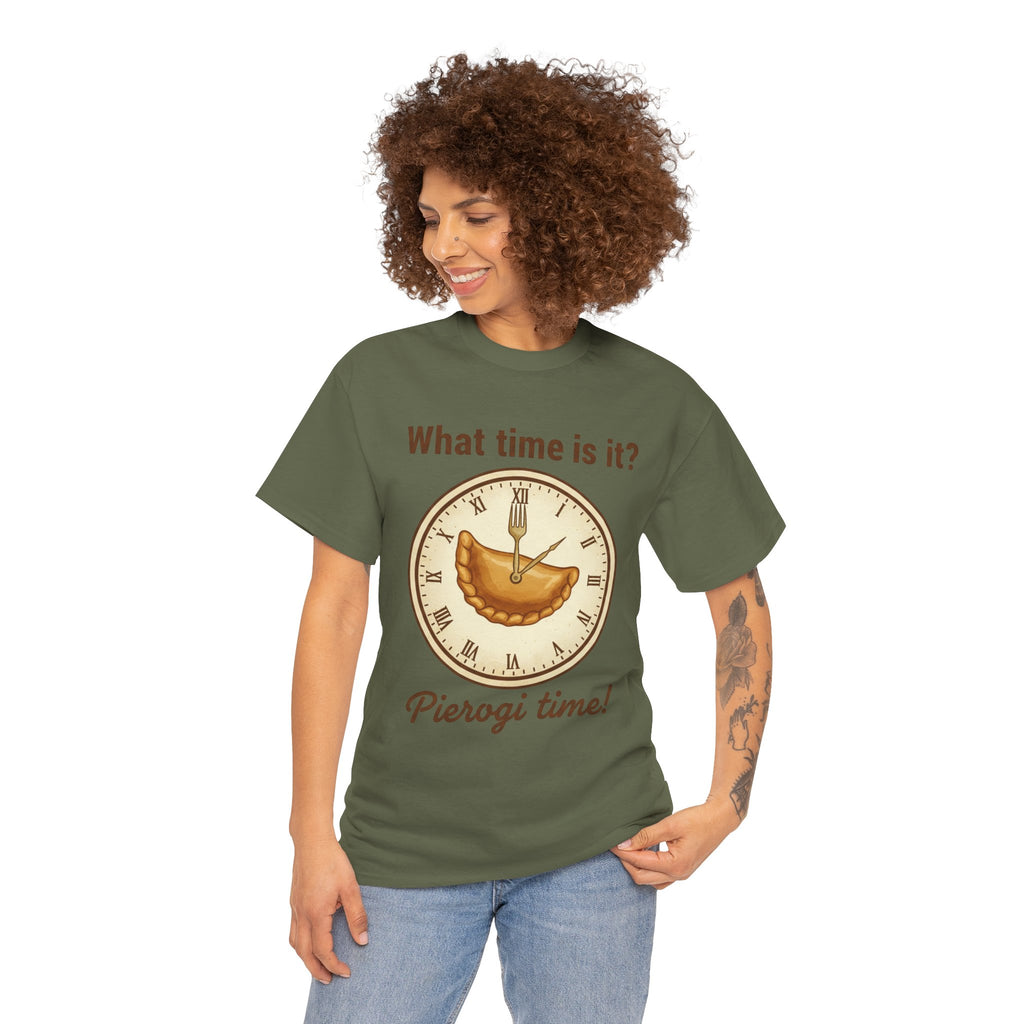 Pierogi Time T‑Shirt — "What time is it? Pierogi time!" Vintage Clock Food Tee
