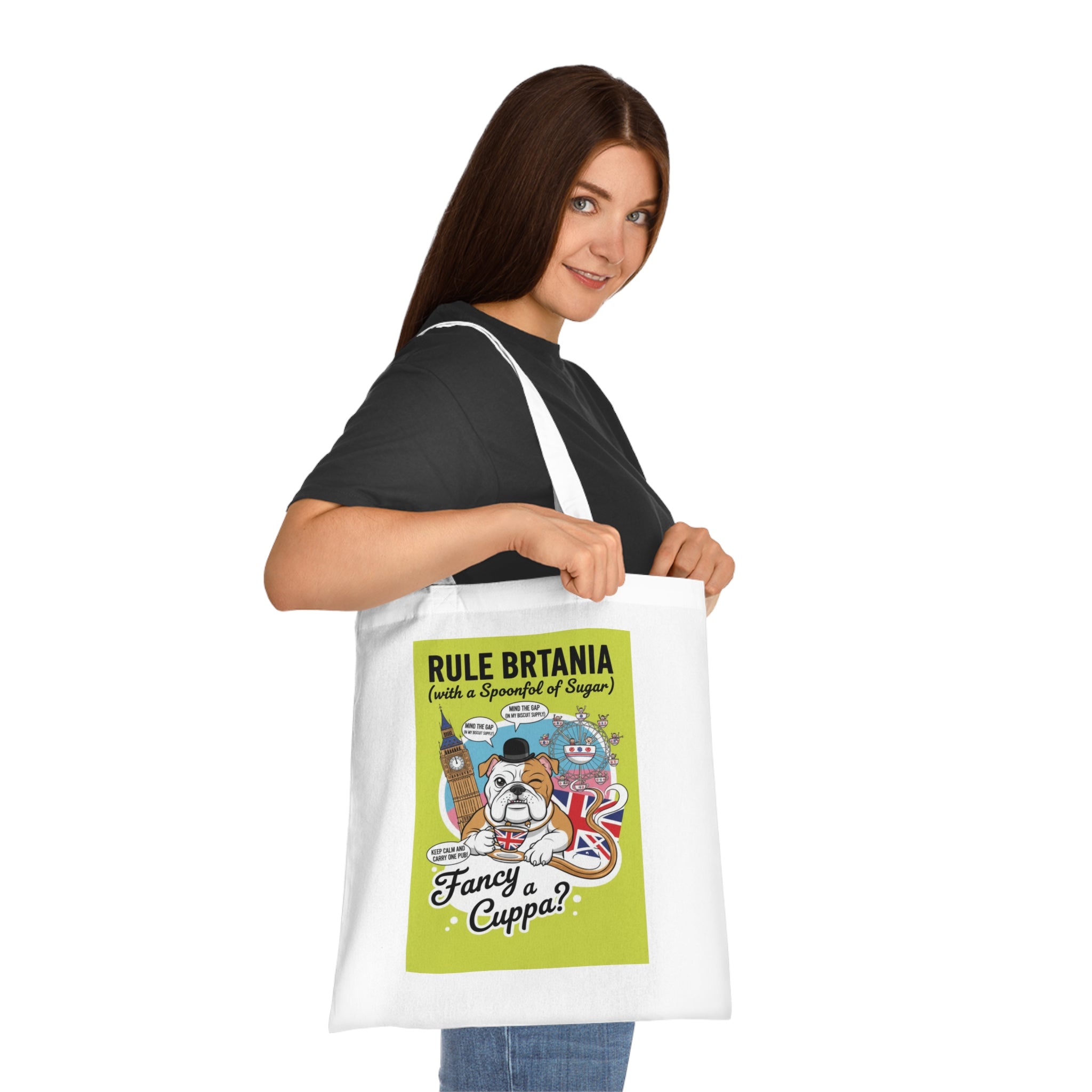 British Bulldog Tote Bag – "Fancy a Cuppa?" Cotton Grocery & Market Bag