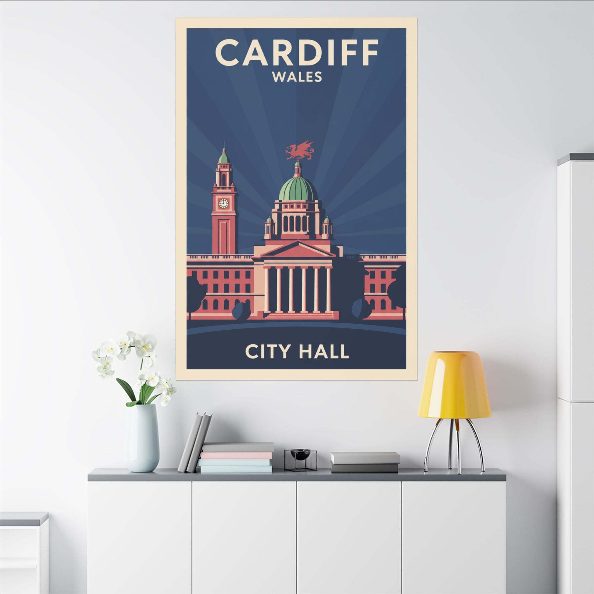 Cardiff City Hall Matte Canvas Wall Art — Vintage Wales Travel Poster