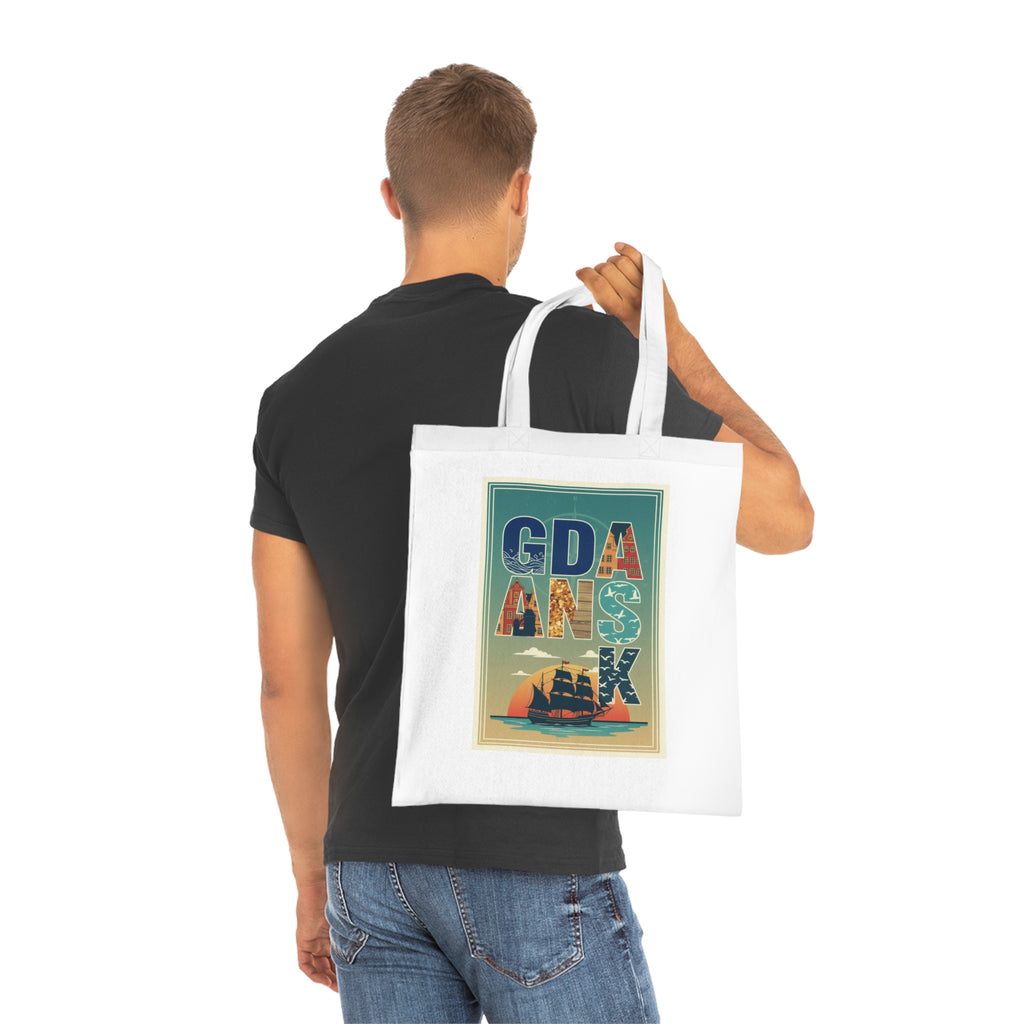 Gdańsk Vintage Travel Tote Bag – Retro Ship & Sunset Cotton Shopper