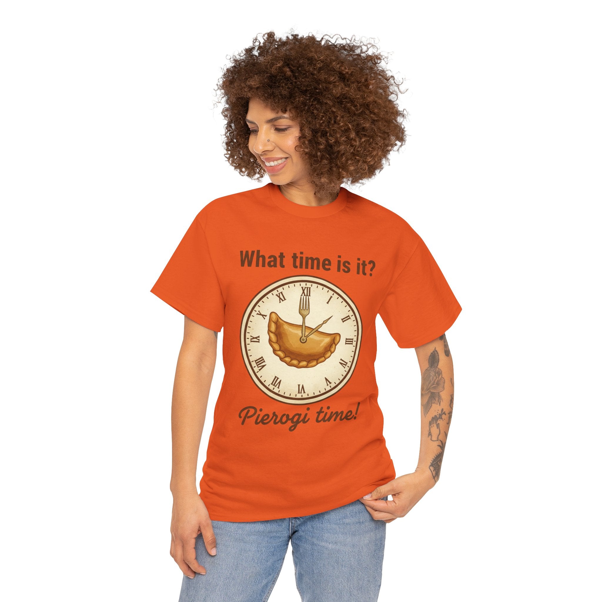 Pierogi Time T‑Shirt — "What time is it? Pierogi time!" Vintage Clock Food Tee