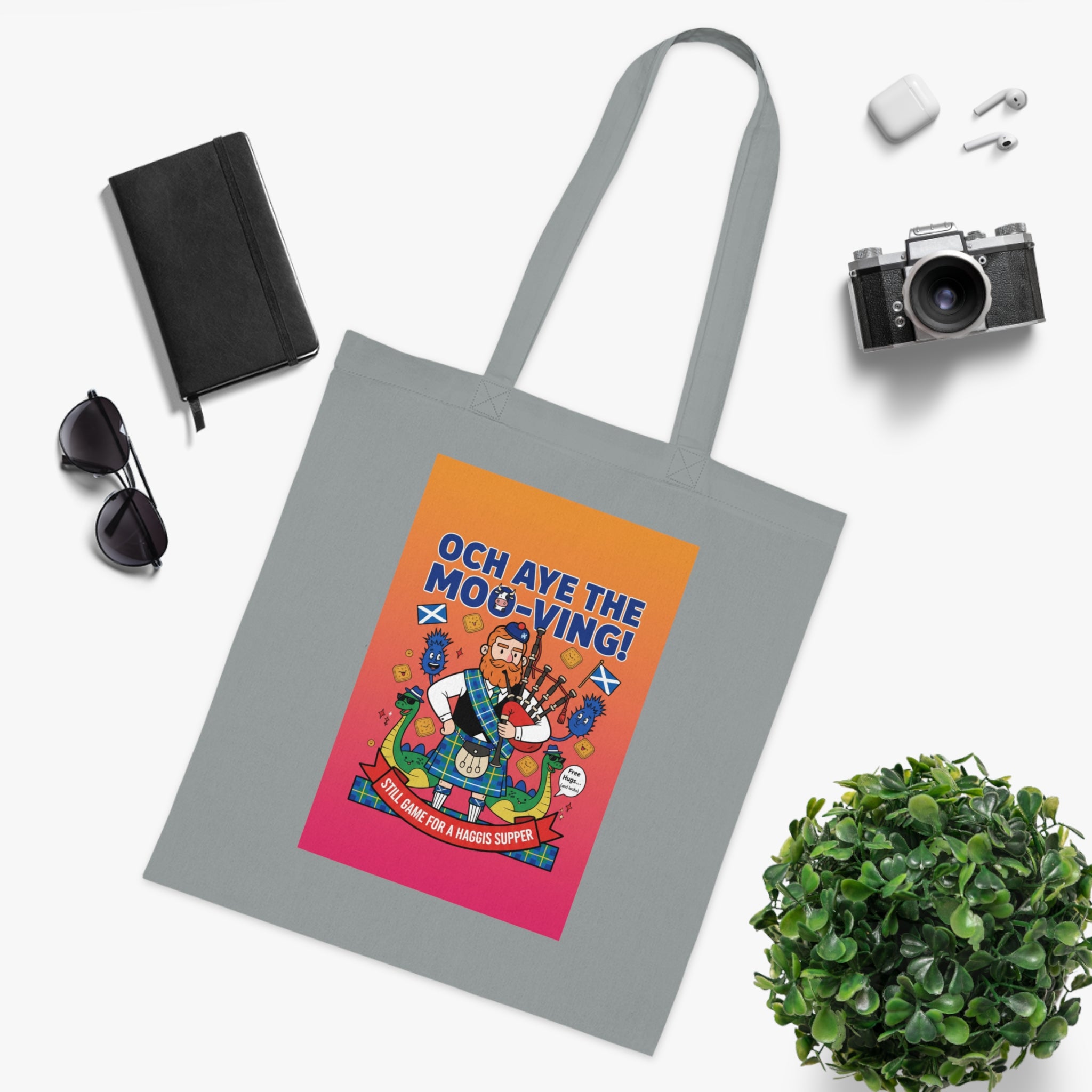 Scottish Cow Cartoon Cotton Tote — "Och Aye the Moo-ving!" Funny Celtic Grocery Bag