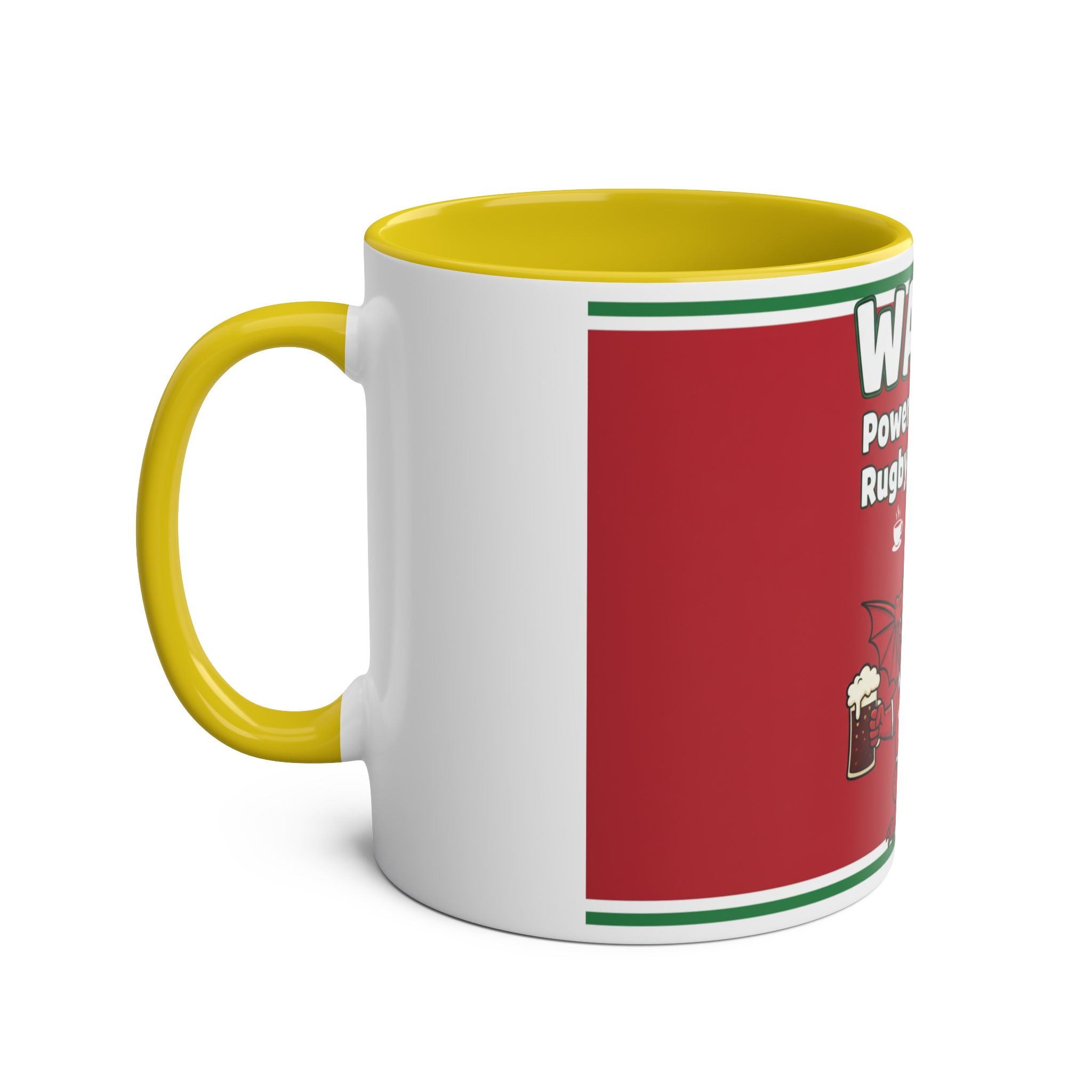 Wales Coffee Mug – "Wales: Powered by Tea, Rugby & Dragons" 11oz Two-Tone Mug