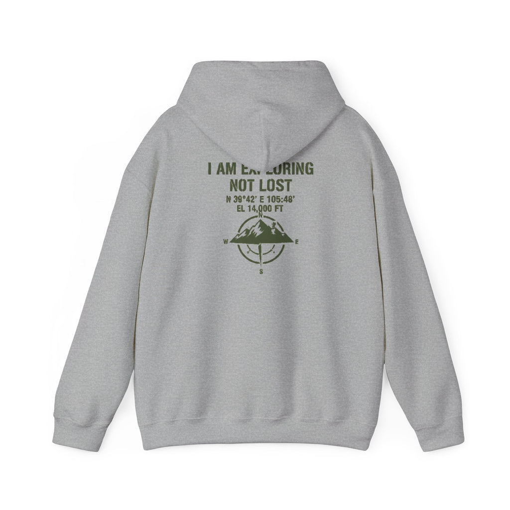 Gallus Adventure Hoodie - "I Am Exploring Not Lost" Graphic Travel Pullover