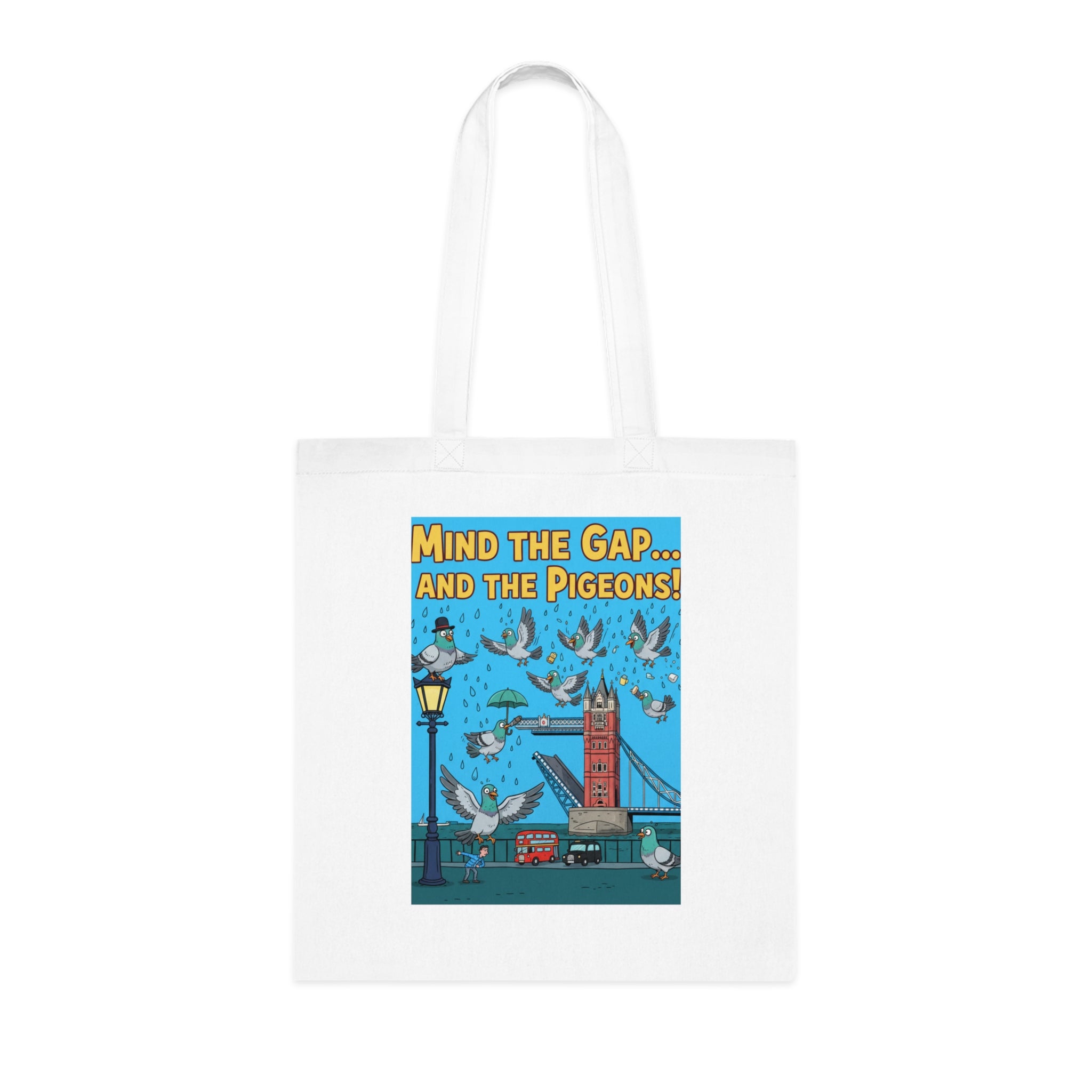 Vintage London Tote Bag — "Mind the Gap... and the Pigeons!" Illustrated Cotton Tote