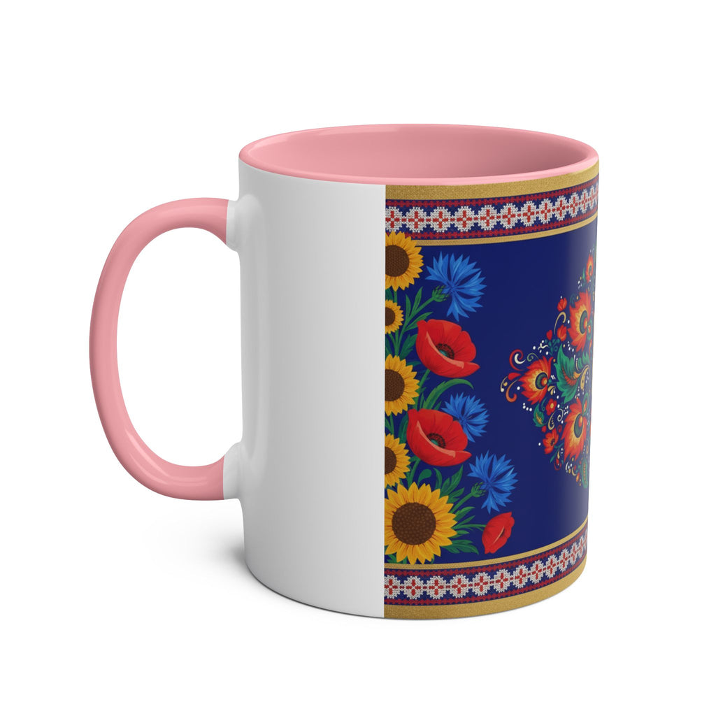 Ukrainian Floral Coffee Mug — Two-Tone 11oz with Tryzub & Folk Motif