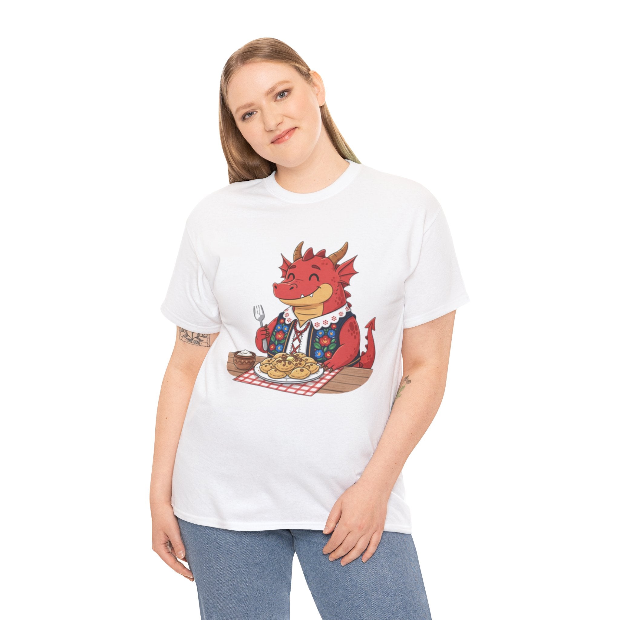 Dragon Eating Pierogi T-Shirt — "Mój nowy smok. Też lubi pierogi." Cute Polish Food Tee