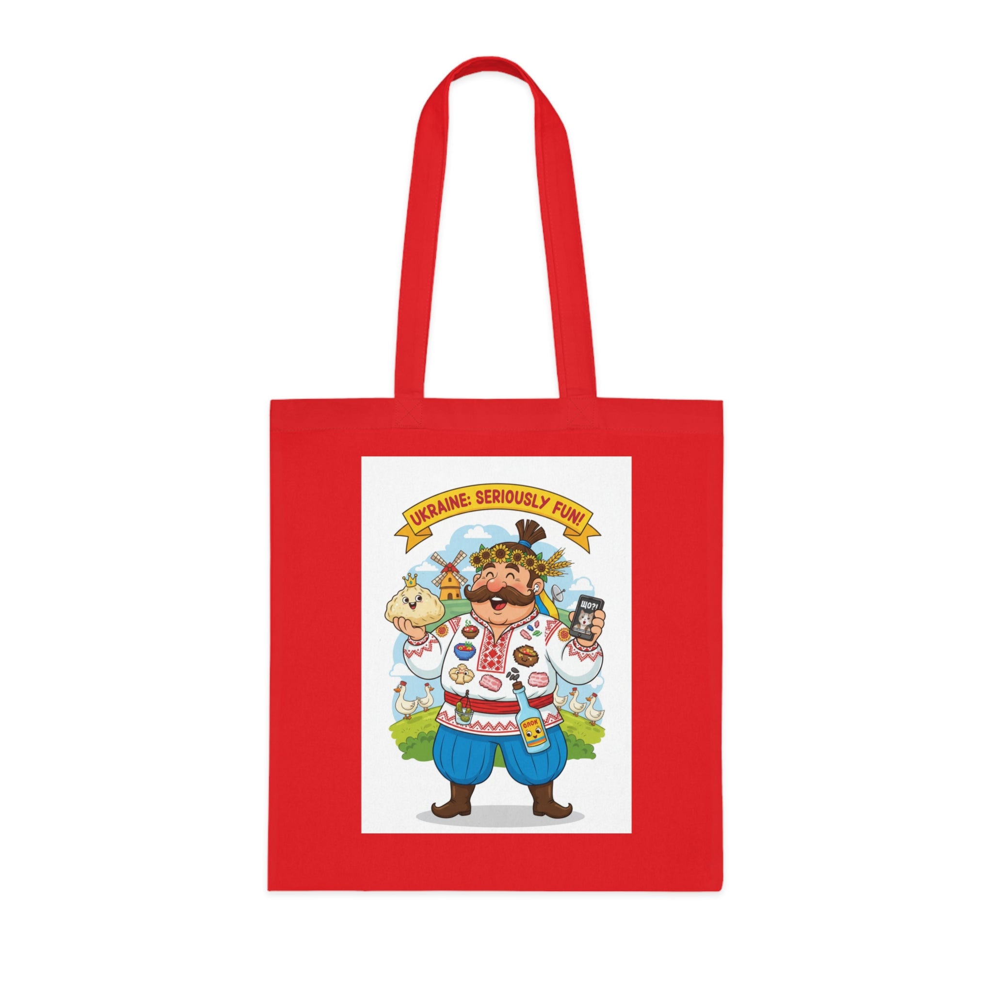 Ukrainian Pride Cotton Tote — "Ukraine Seriously? Fun!" Folk Character Market Bag